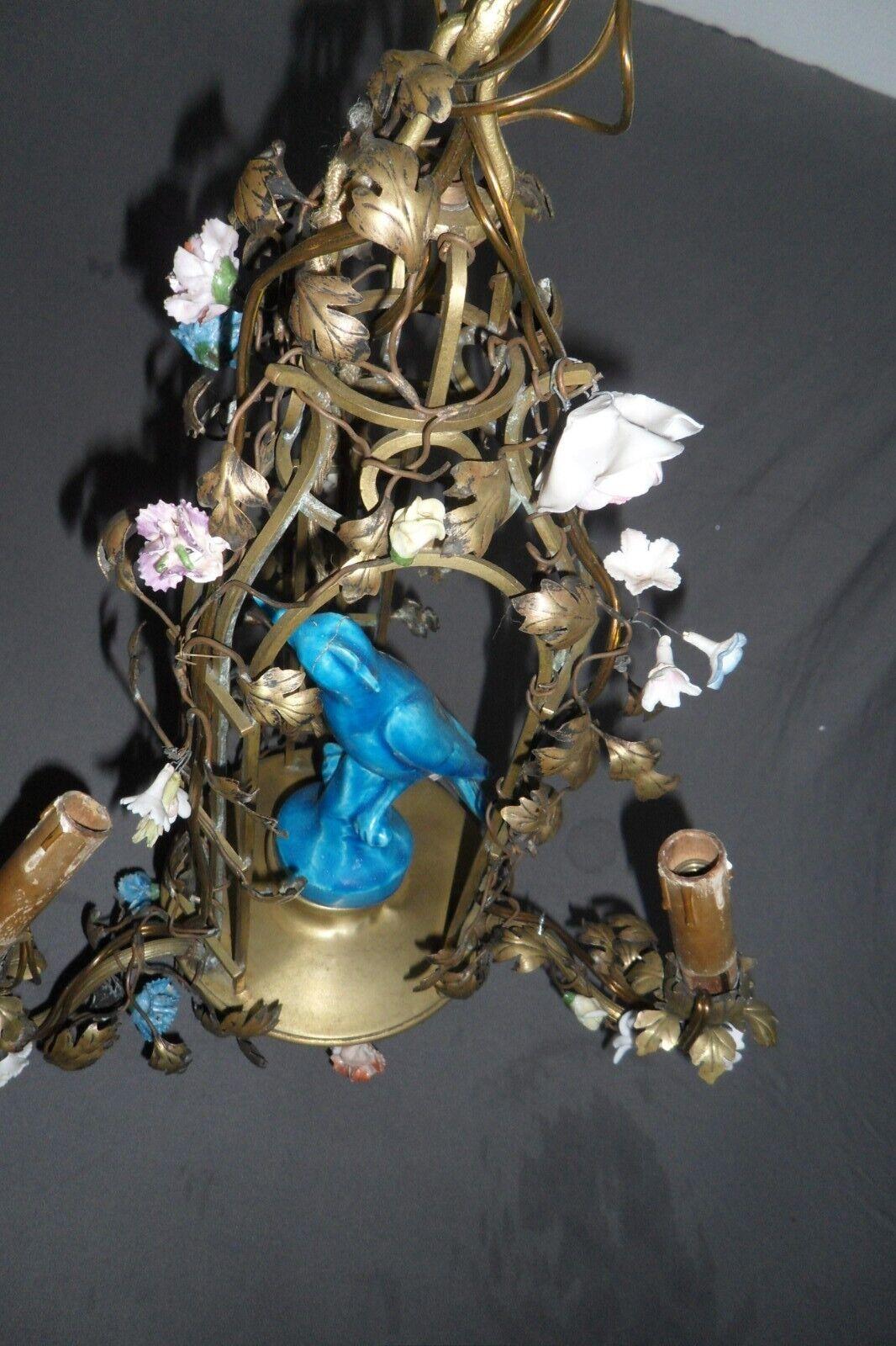 Late 19th Century 19thc French Louis XVI Bronze Cage with China Blue Parrot w/ Porcelain Flowers For Sale