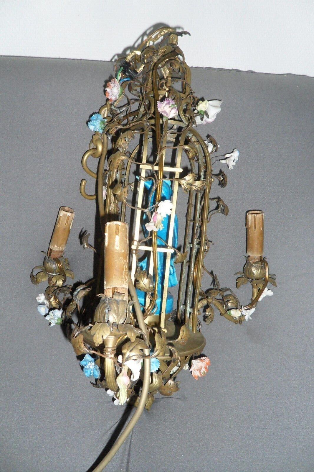 19thc French Louis XVI Bronze Cage with China Blue Parrot w/ Porcelain Flowers For Sale 1