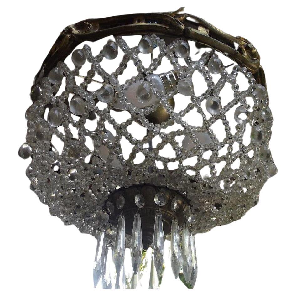 19thc French Louis XVI Bronze/ Crystal Mesh Beaded Flush Mount Ceiling Fixture For Sale
