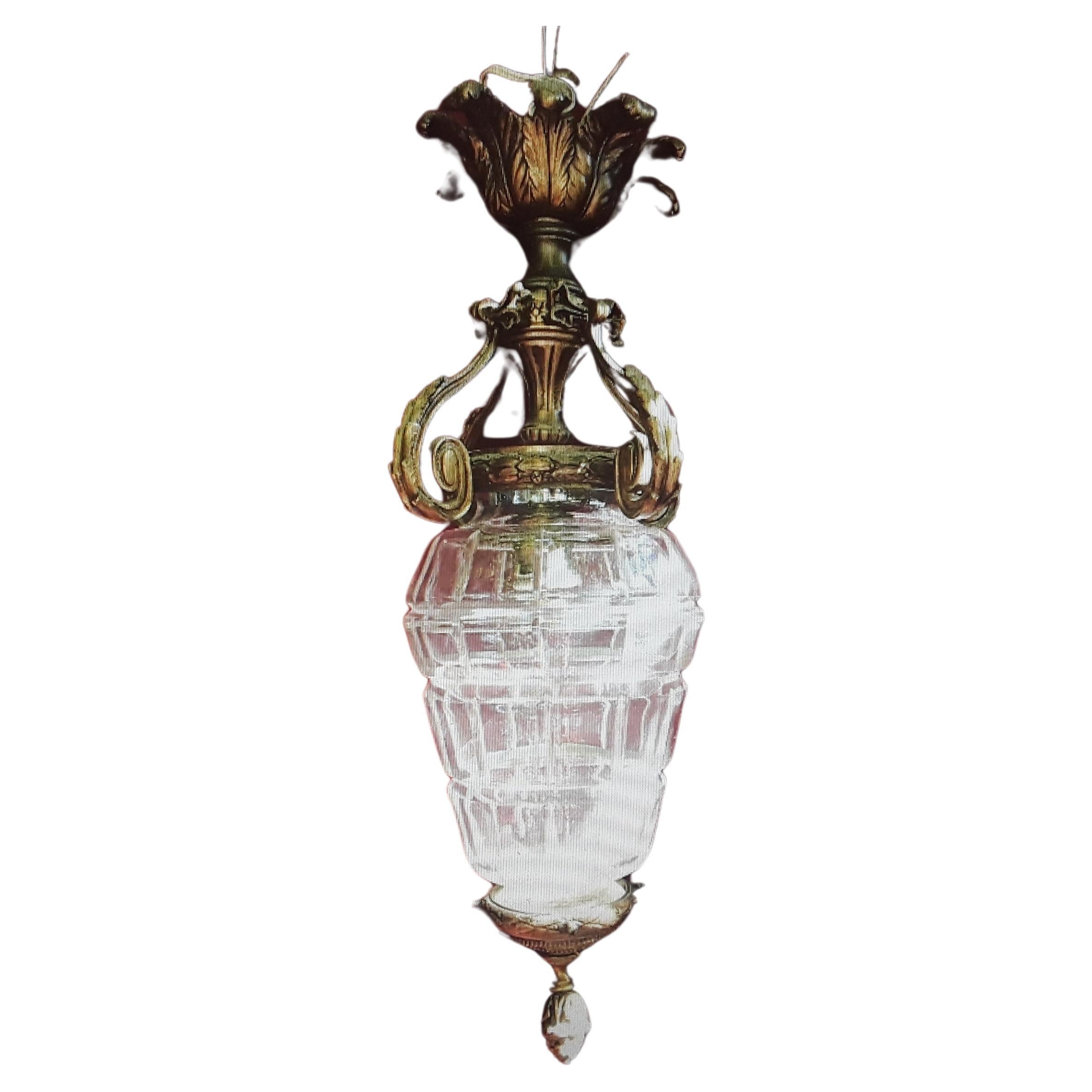 19thc French Louis XVI Bronze w/ Crystal Versaille Ceiling Lantern attr Baccarat For Sale