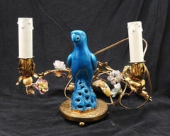 19thc French Louis XVI China Blue Parrot with Porcelain Saxe Flowers Table Lamp