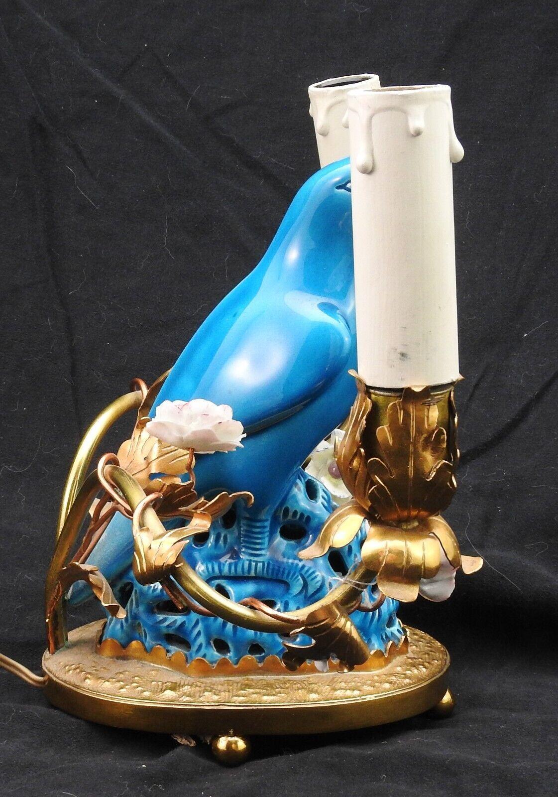 Late 19th Century 19thc French Louis XVI China Blue Parrot with Porcelain Saxe Flowers Table Lamp For Sale