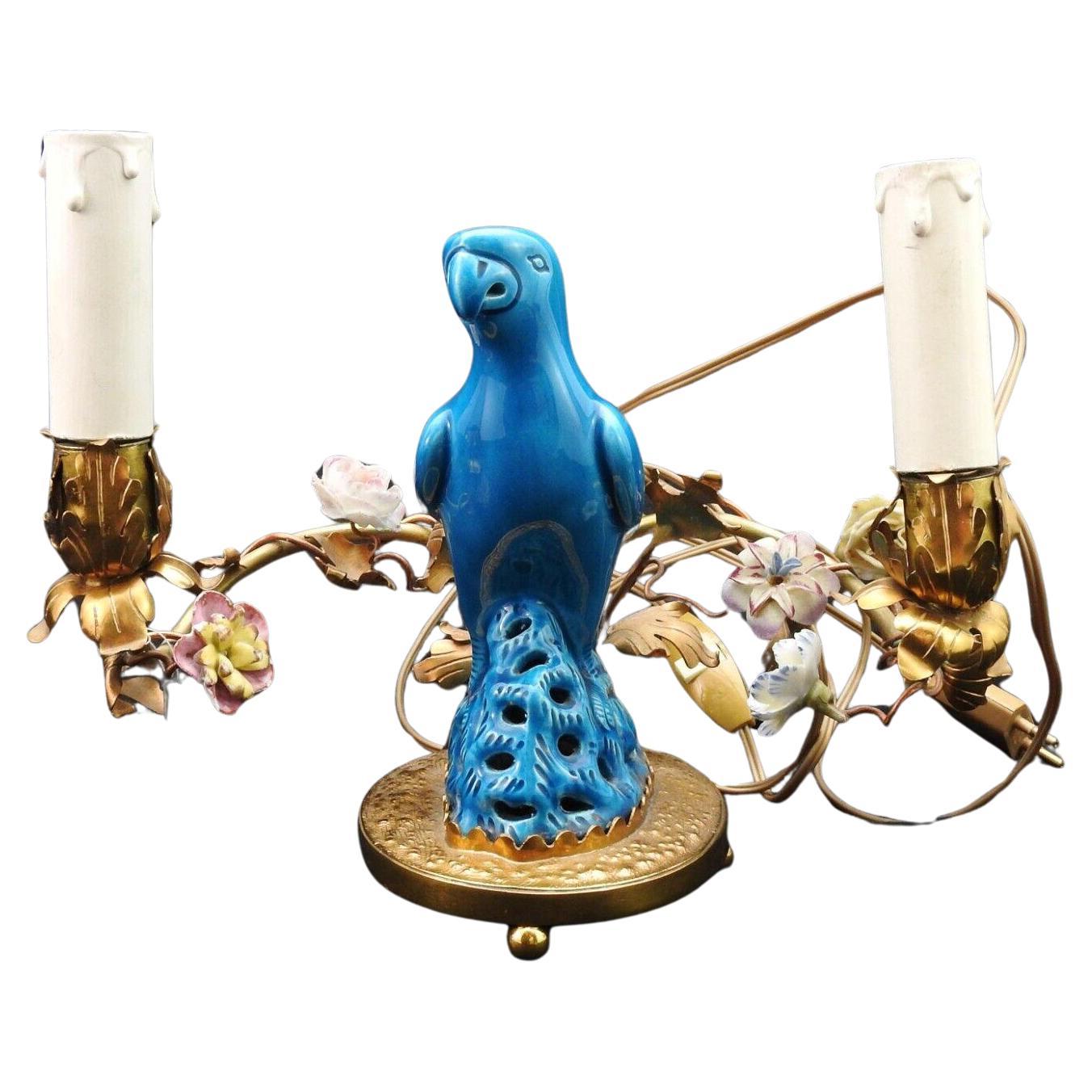 19thc French Louis XVI China Blue Parrot with Porcelain Saxe Flowers Table Lamp