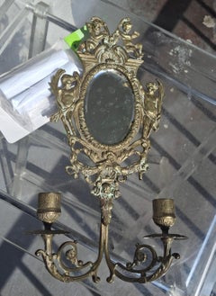 19thc French Louis XVI Gilt Bronze Mirrored Wall Sconce Cherub Detail