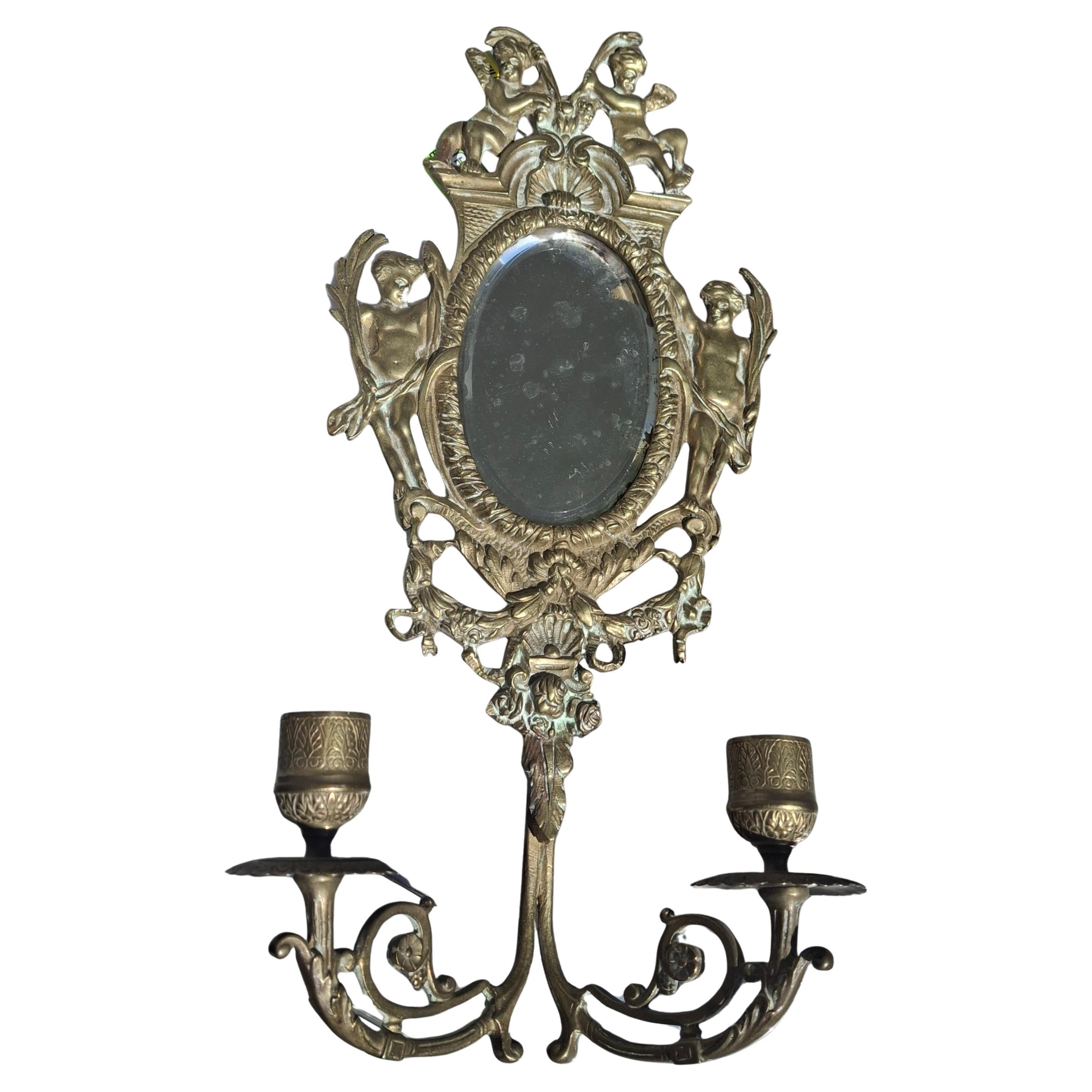 19thc French Louis XVI Gilt Bronze Mirrored Wall Sconce Cherub Detail For Sale
