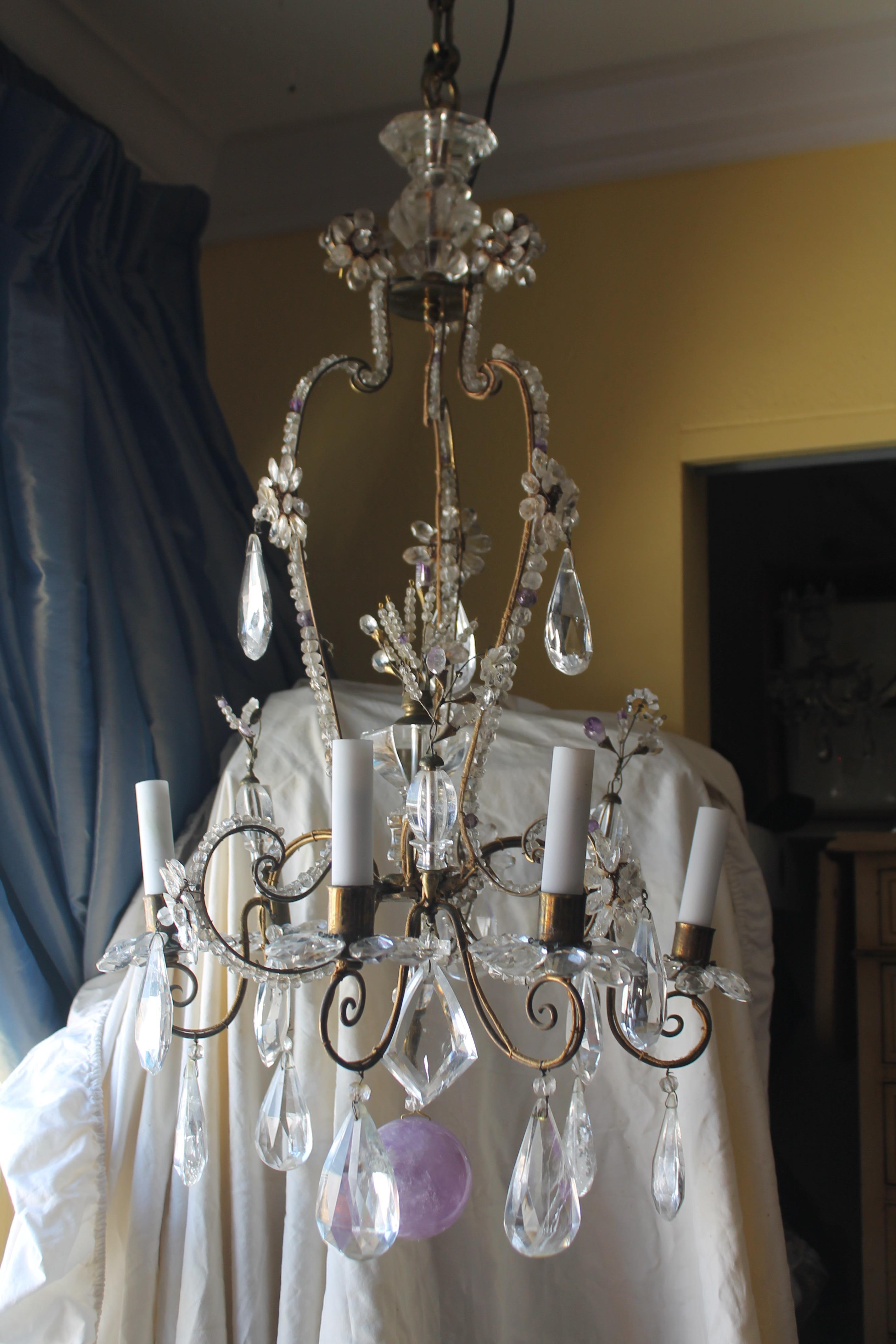 19thc French Louis XVI style Bronze Frame/ Rock Crystal Lantern Form Chandelier by Maison Bagues. Amethyst rock crystal accents. This is a highly detailed and quite ornate chandelier. There is rock crystal beaded Rococo lines, 4 vases of crystal