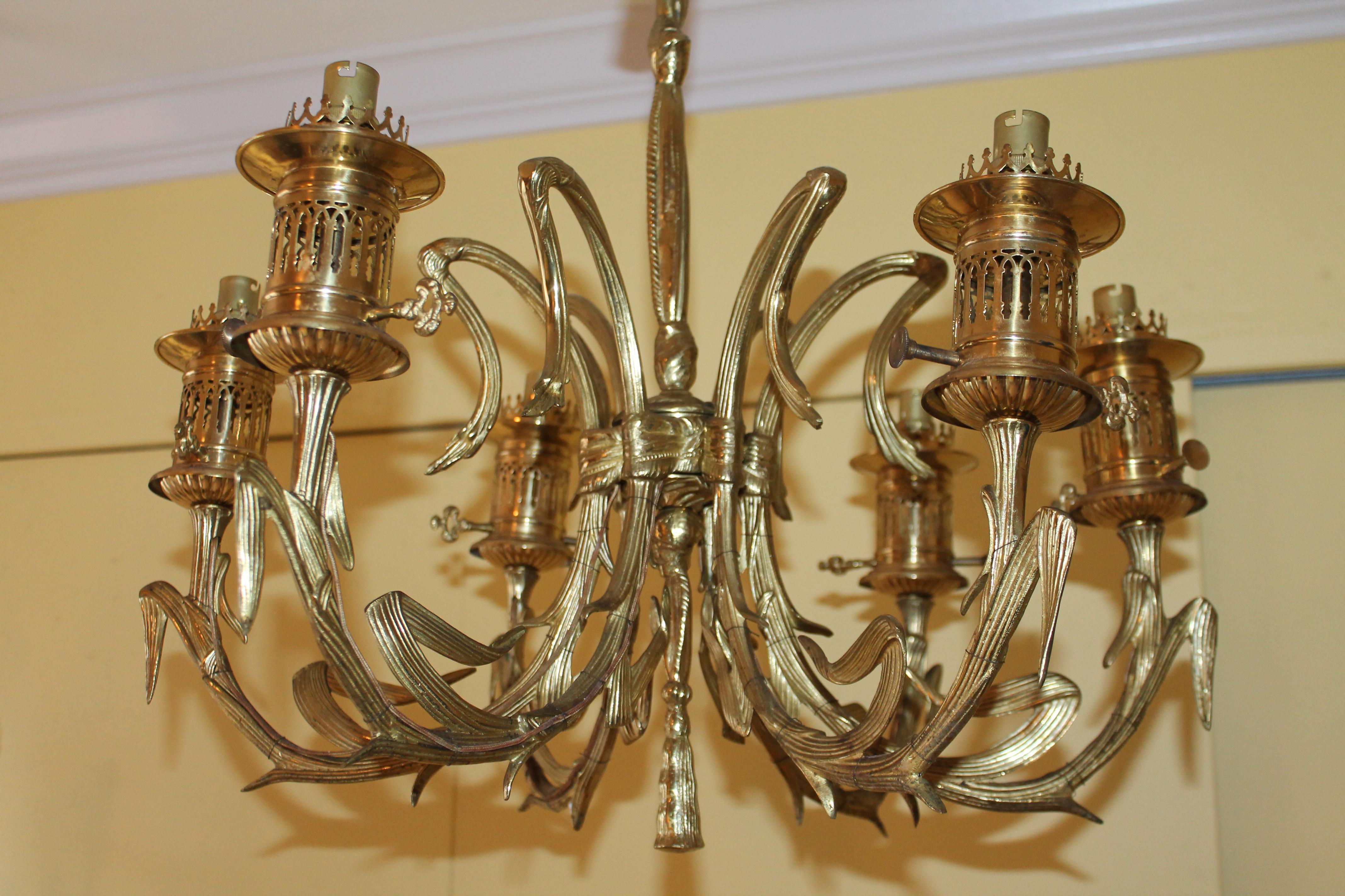 19thc French Louis XVI style Gilt Bronze Oil Converted Chandelier attrib. Bagues In Good Condition For Sale In Opa Locka, FL