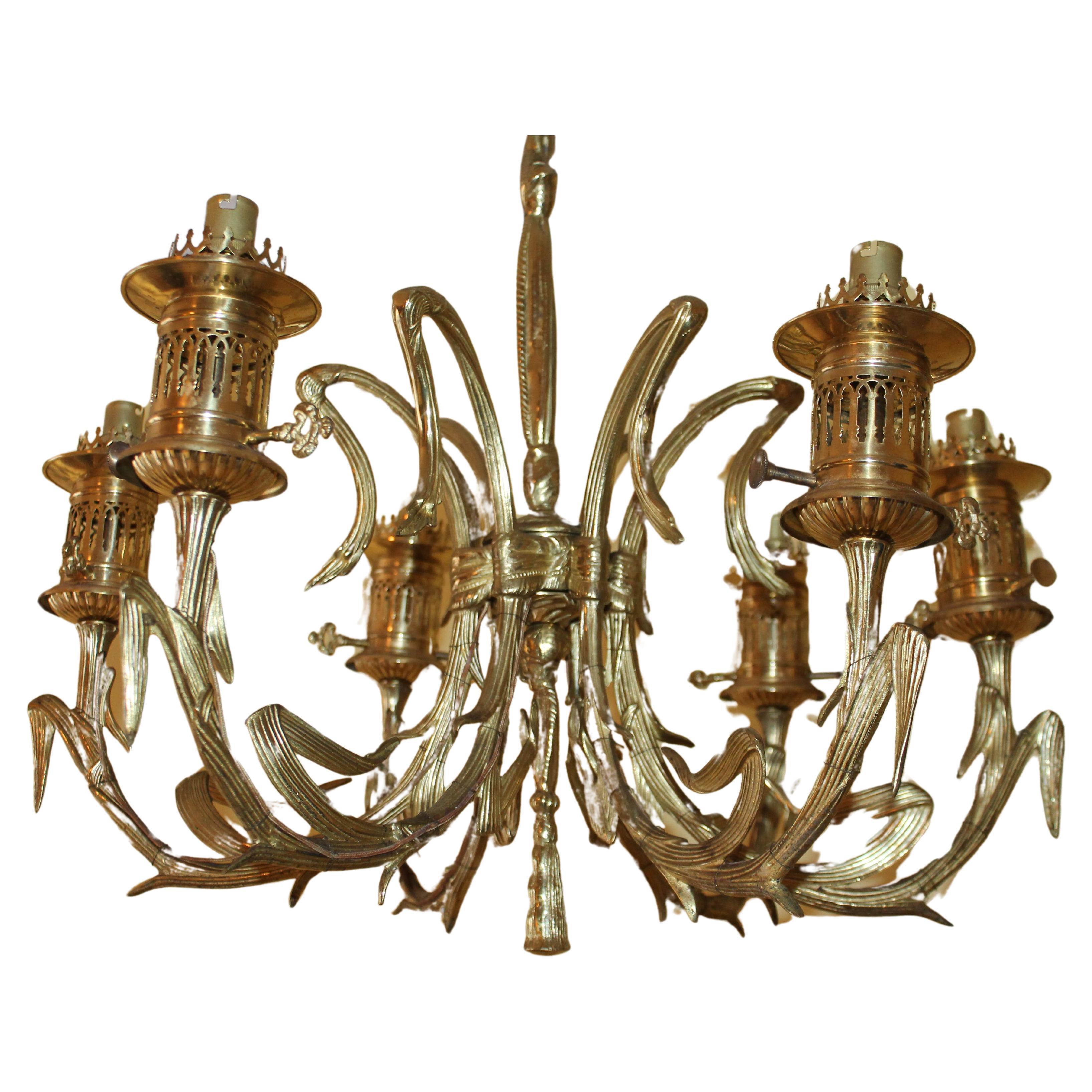 19thc French Louis XVI style Gilt Bronze Oil Converted Chandelier attrib. Bagues For Sale