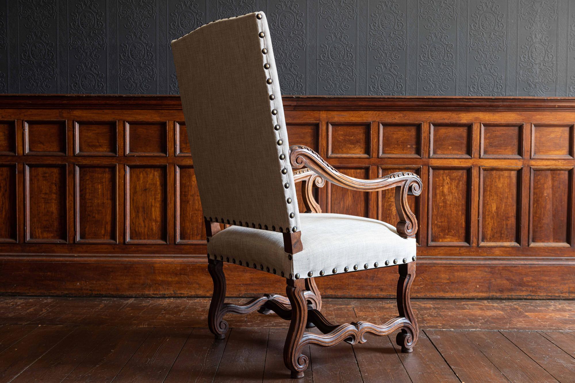 19th Century French Mahogany Louis XIV Style Armchair Reupholstered in Linen 2