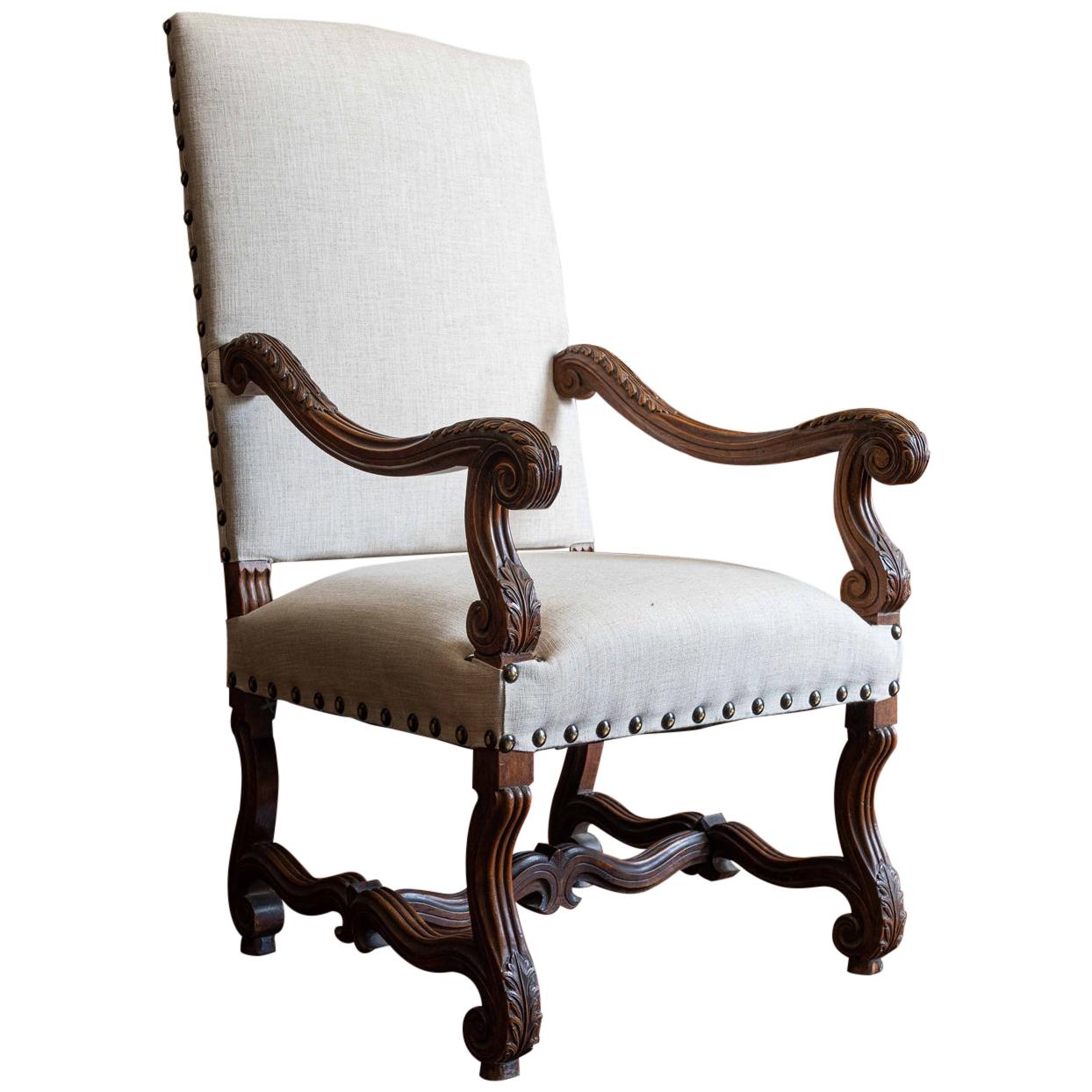 19th Century French Mahogany Louis XIV Style Armchair Reupholstered in Linen