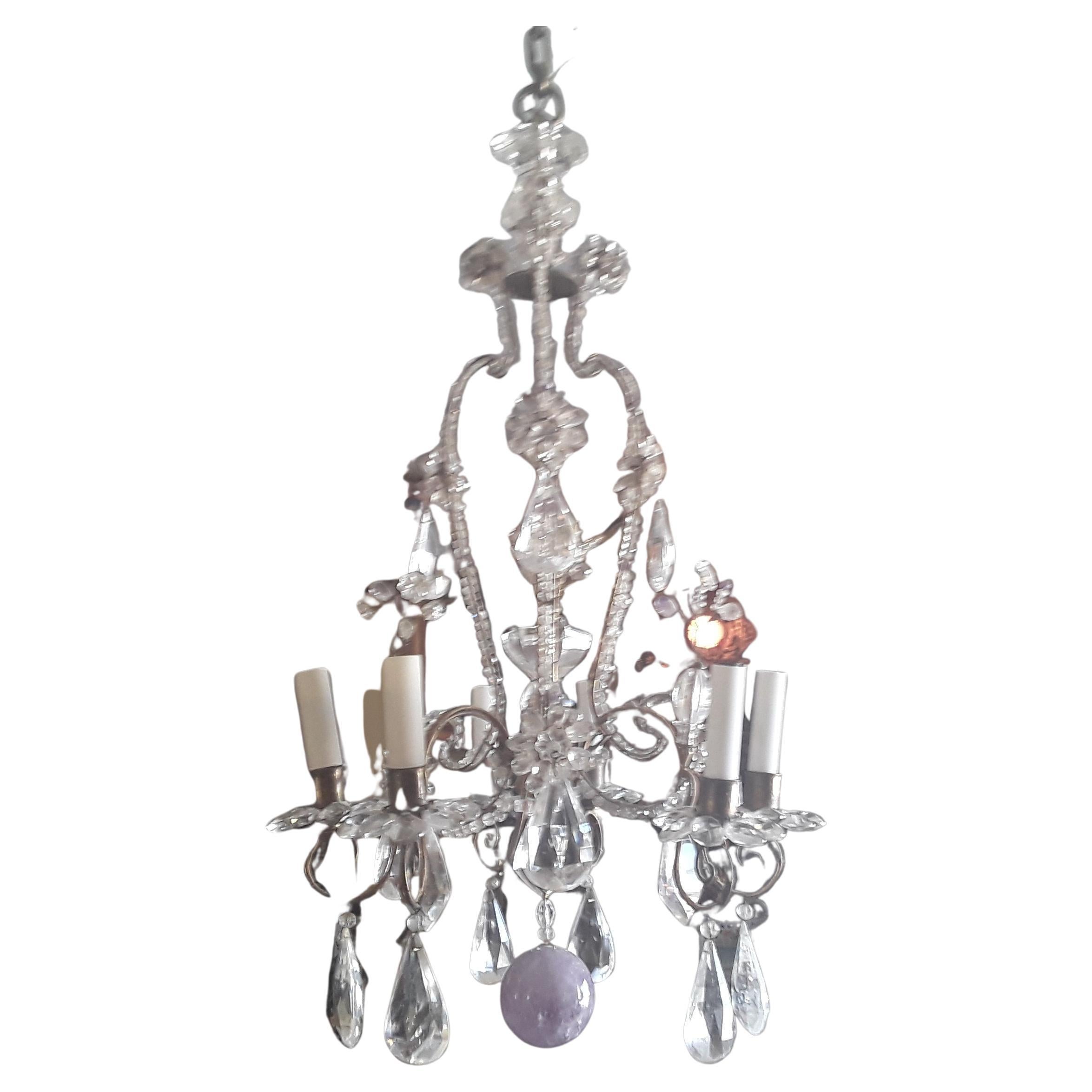 19thc French Maison Bagues Louis XV Rock Crystal w/ Amethyst Stone Chandelier