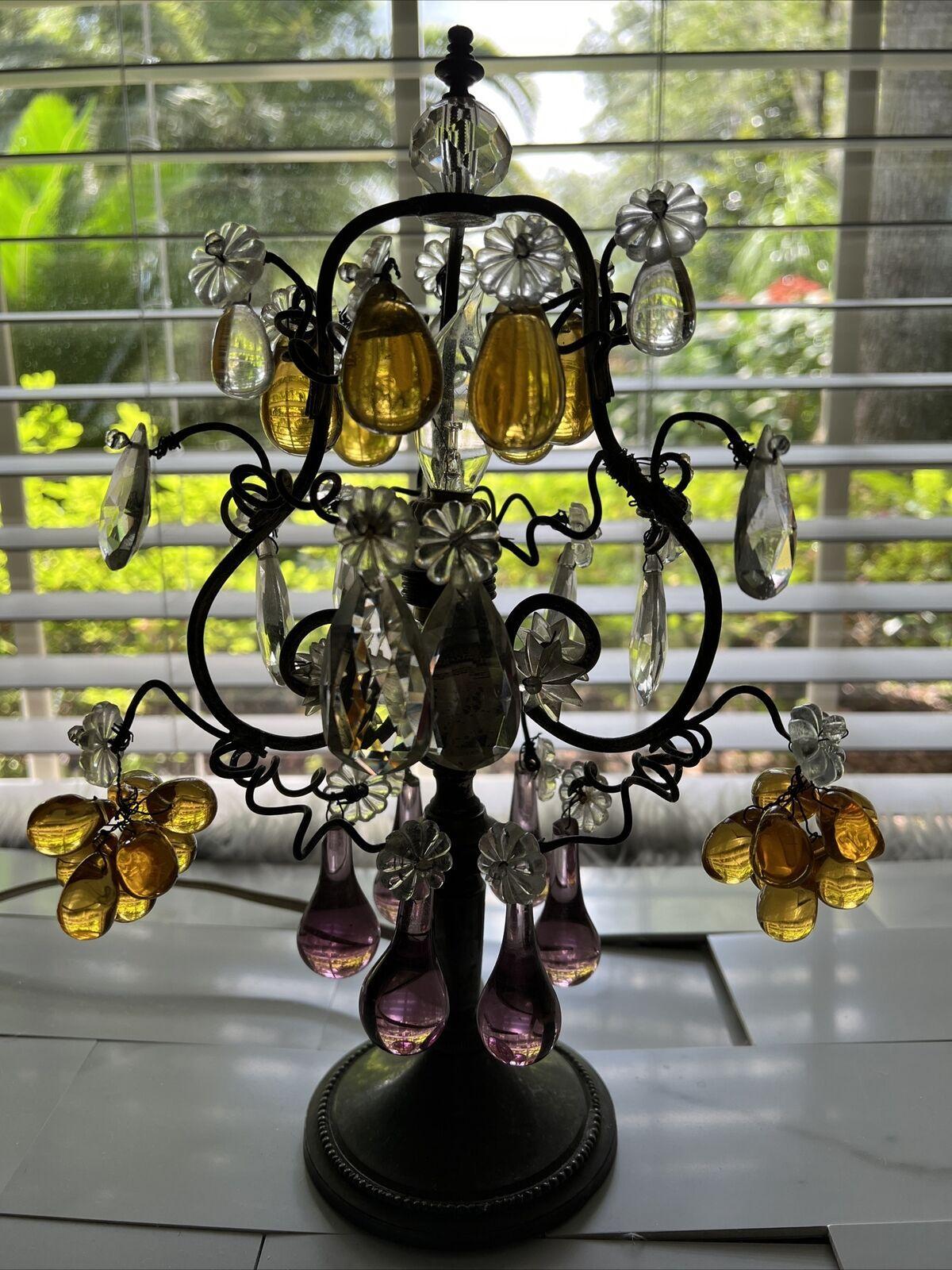 19thc French Antique Napoleon III Amber and Amethyst Crystal Fruit Table/ Accent Lamp/ Girandole. Fleurettes and pendant crystals.