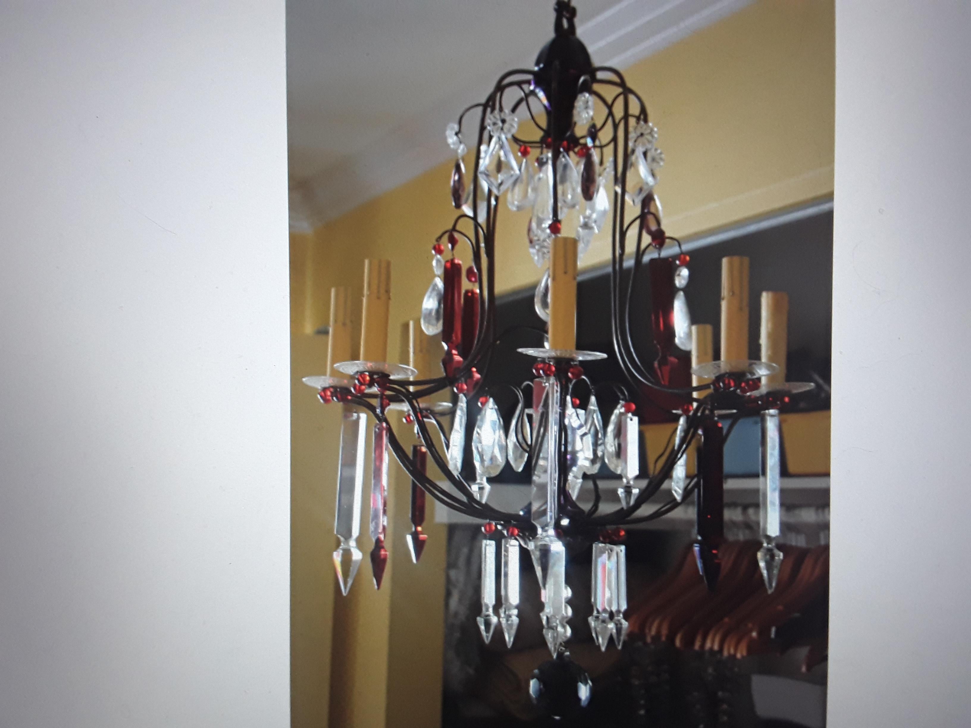 19thc French Napoleon III Bronze Cage Ruby Red & Clear Cut Crystal Chandelier For Sale 8