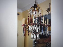 19thc French Napoleon III Bronze Cage Ruby Red & Clear Cut Crystal Chandelier