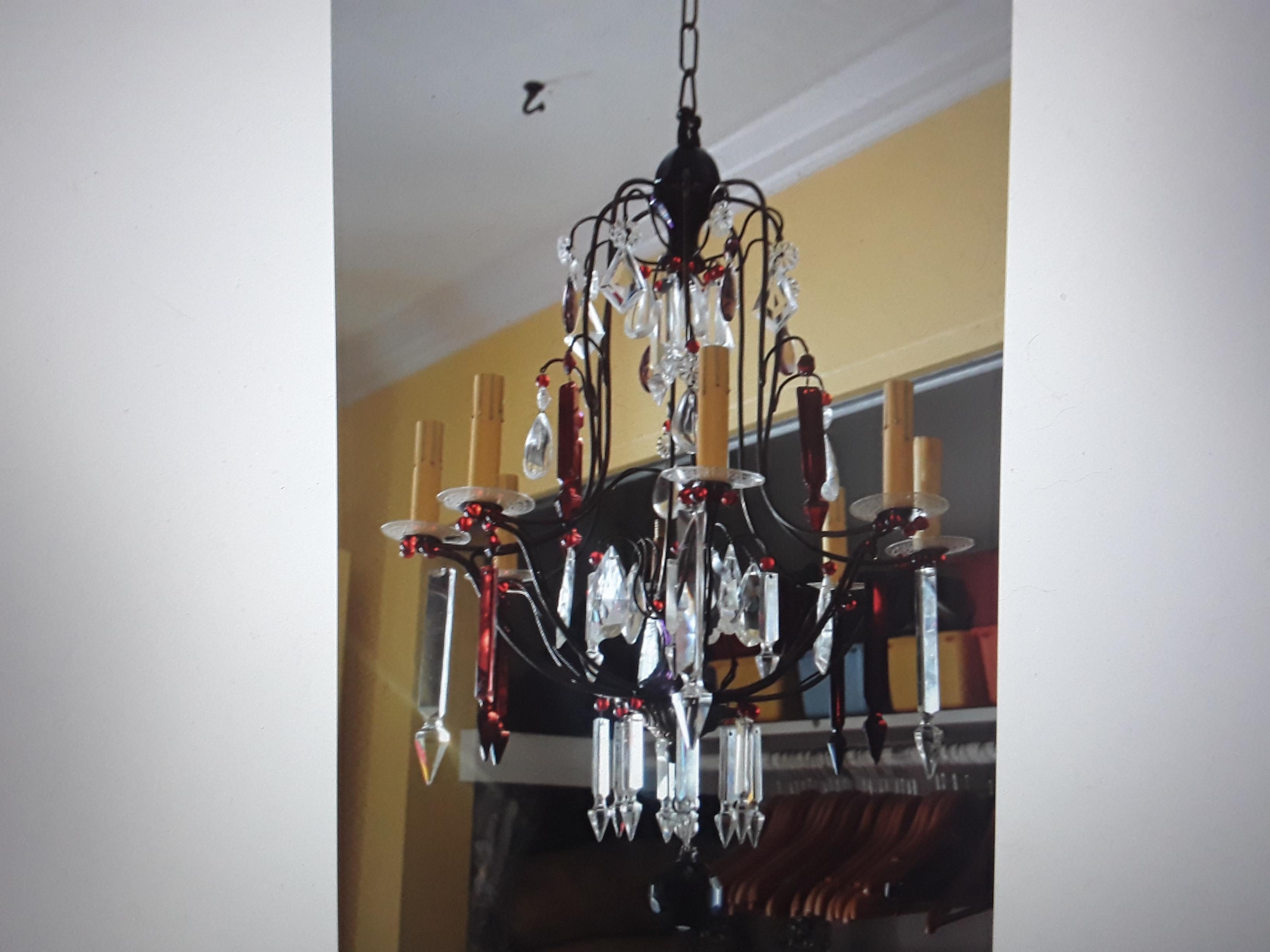 19thc French Napoleon III Bronze Cage Ruby Red & Clear Cut Crystal Chandelier In Good Condition For Sale In Opa Locka, FL
