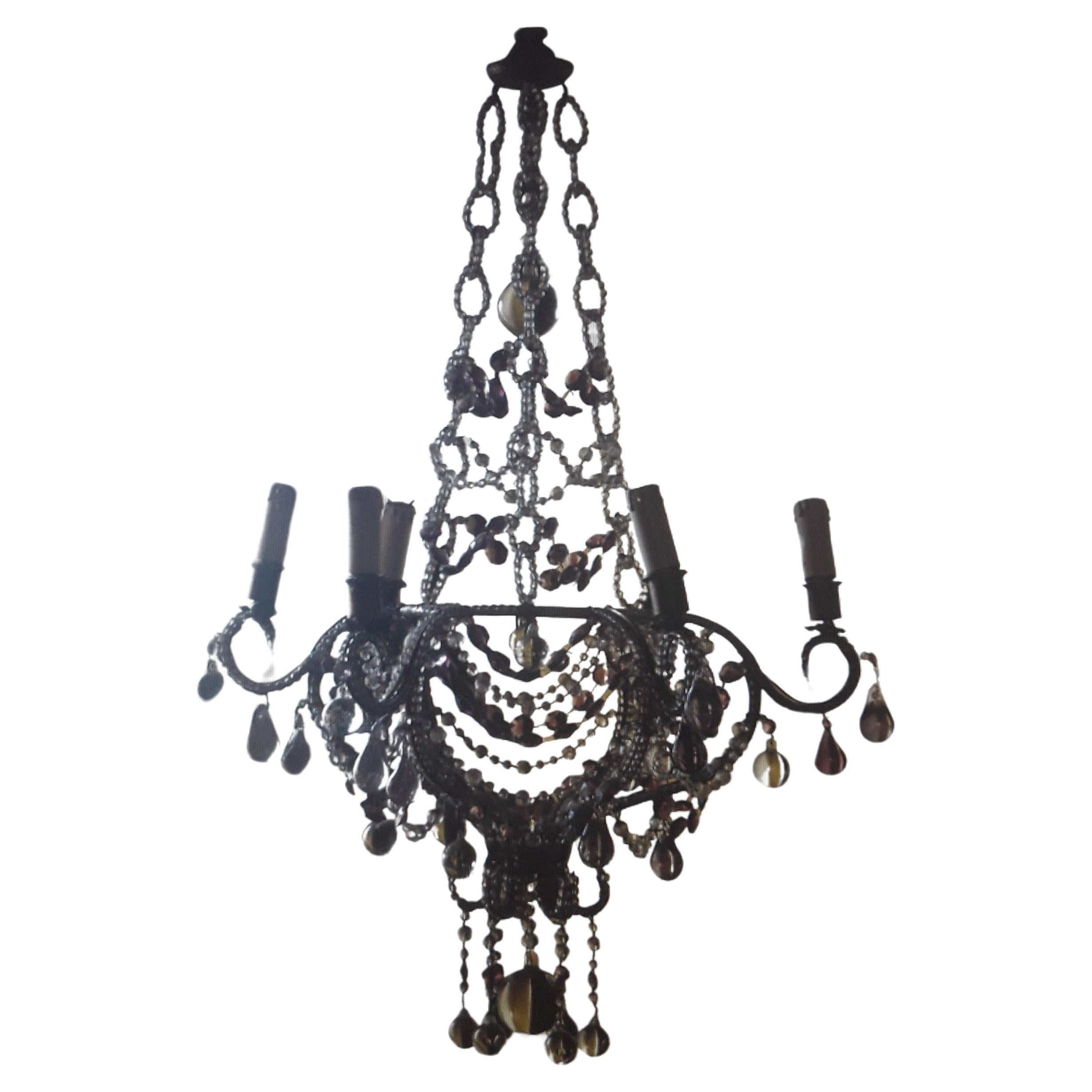 19thc French Napoleon III Crystal Beaded Amethyst & Clear Crystal Chandelier. Note the detail, the beaded circular chains are quite unique. This piece is attributed to Maison Bagues Paris.