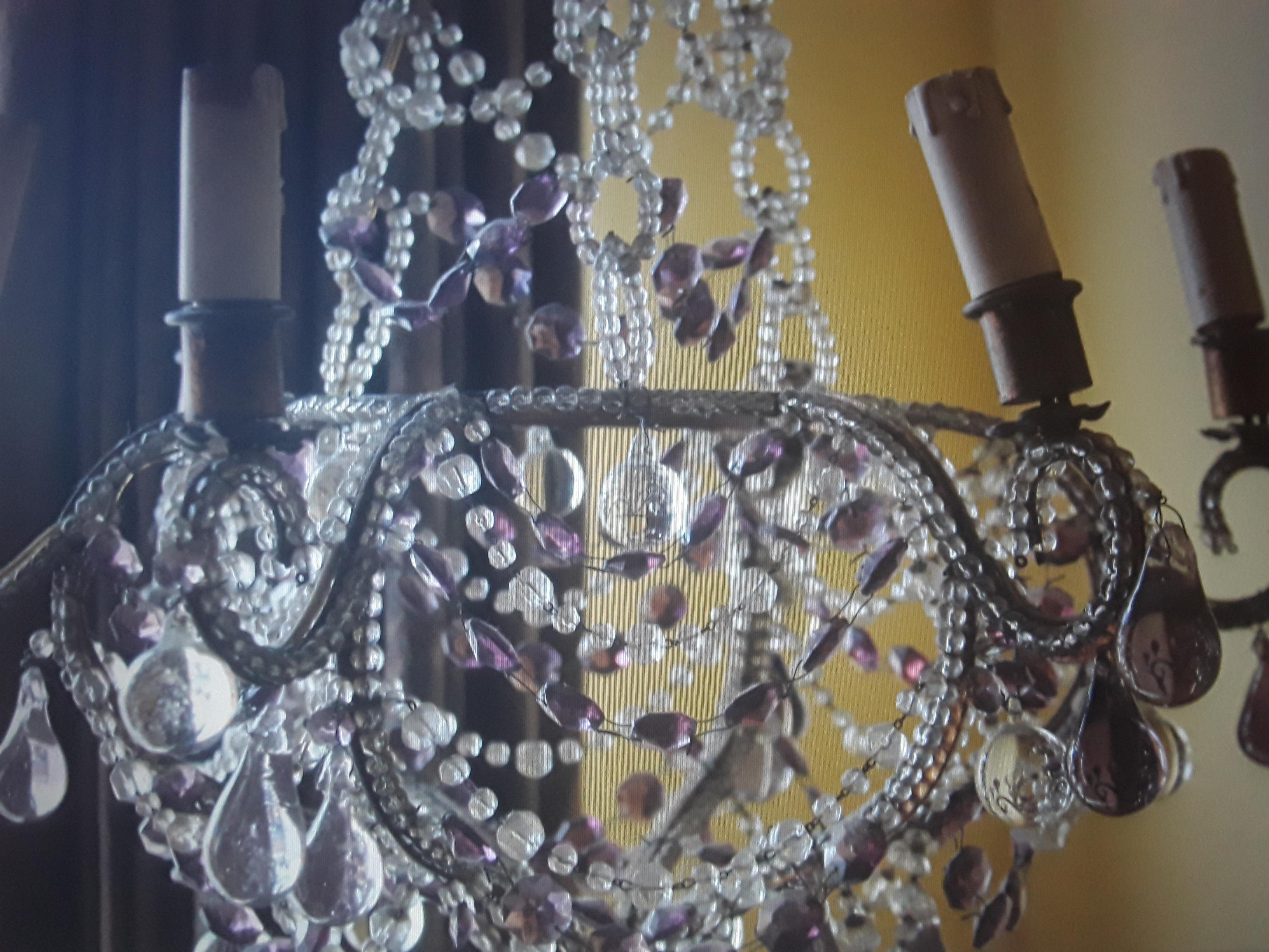 19thc French Napoleon III Crystal Beaded w/ Amethyst & Clear Crystal Chandelier For Sale 4