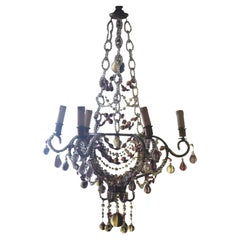 19thc French Napoleon III Crystal Beaded w/ Amethyst & Clear Crystal Chandelier