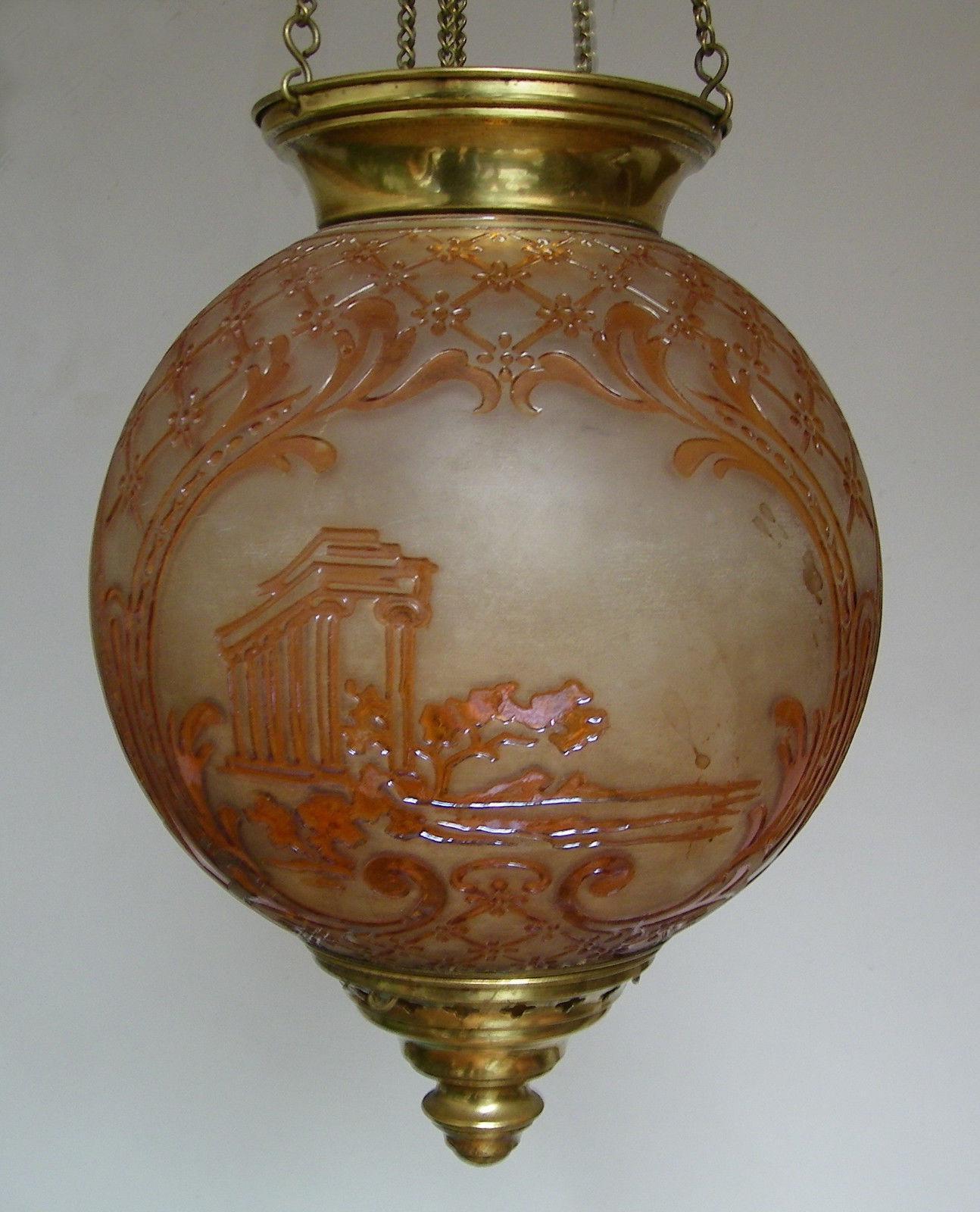 c1890 Napoleon III Crystal Hanging Lantern by Baccarat France. Country scenes on one side of the globe lantern and Roman ruin scenes on the other side. Brass mounts. This piece is documented in Metropolitan Museum of Arts rare book titled
