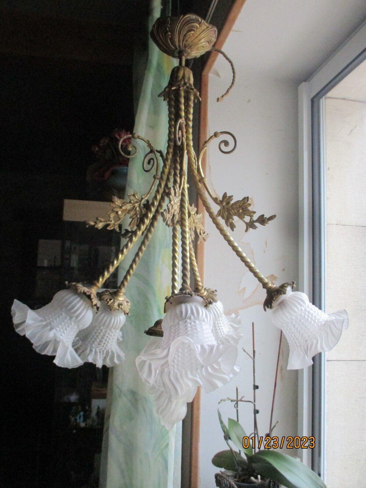 c1890 French Napoleon III Dore Bronze Floral Form Chandelier/ Pendant Lighting Fixture. Flowers hanging down and spacedd apart into 5 lights. 4 Frosted floral glass shades and one center flame. This is original.
