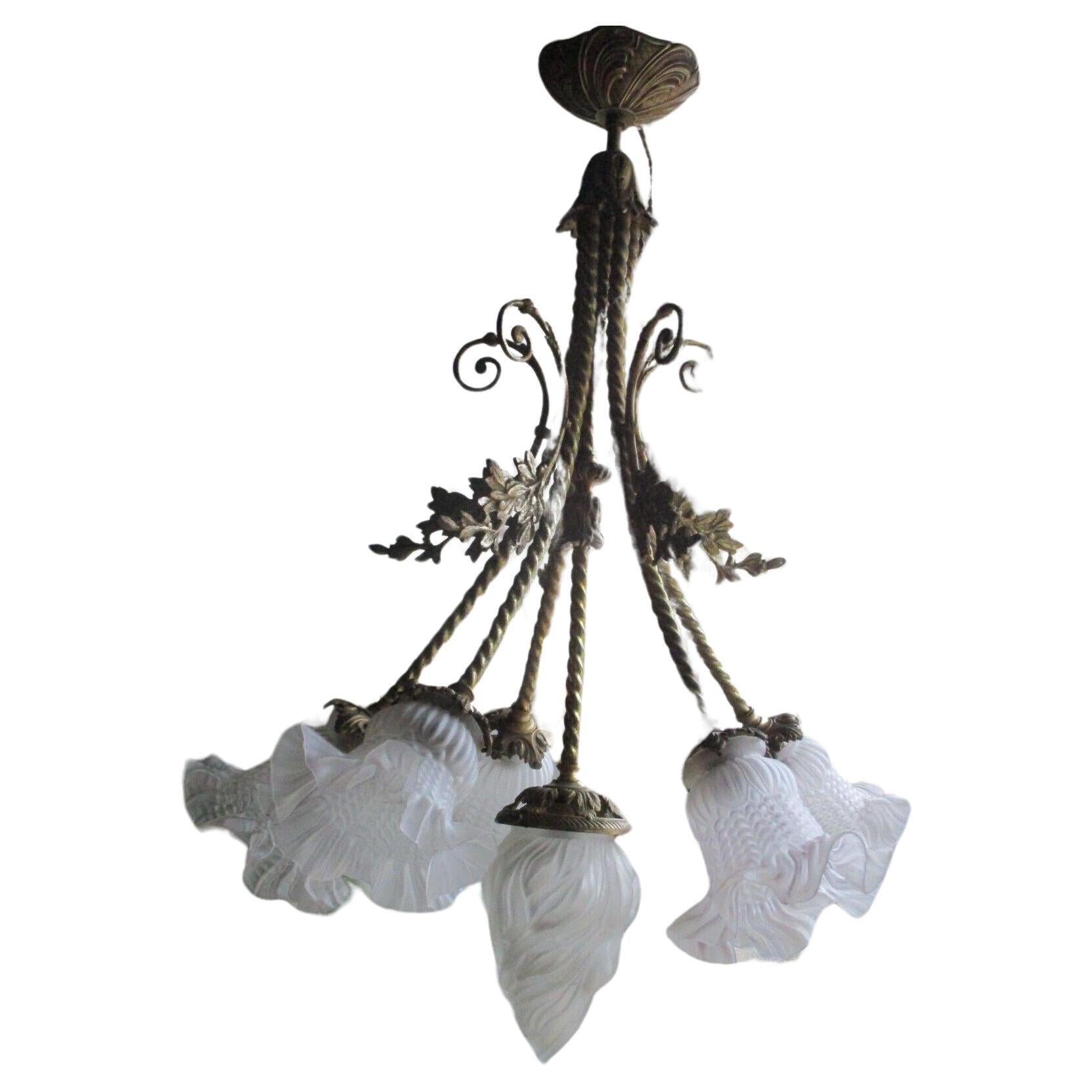 19thc French Napoleon III Dore Bronze Hanging Floral Form Chandelier/ Pendant For Sale