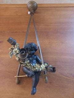 19thc French Napoleon III Gilt&Patinated Bronze Cherub with Garland on His Swing