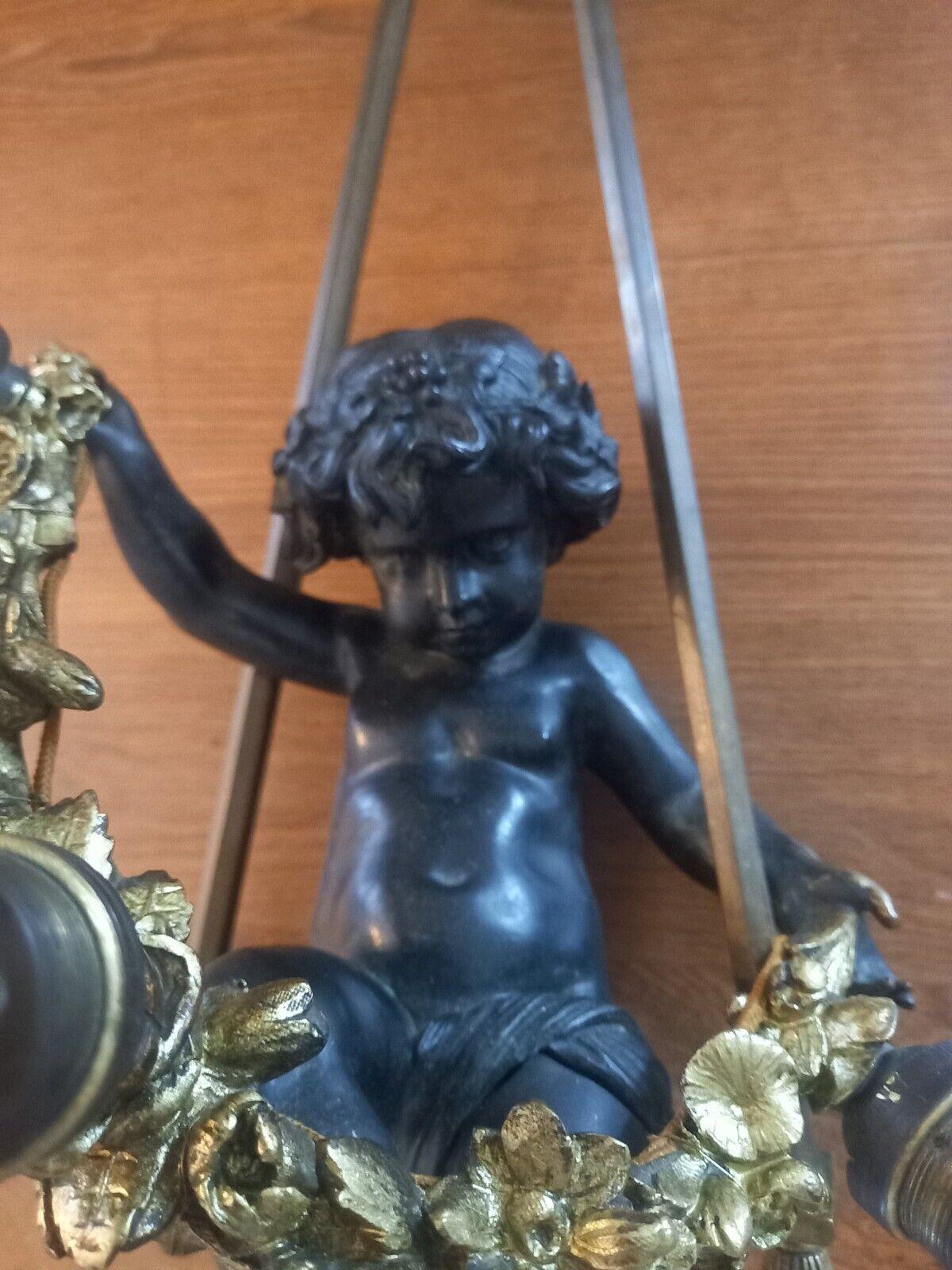 19thc French Napoleon III Gilt&Patinated Bronze Cherub with Garland on His Swing In Good Condition For Sale In Opa Locka, FL