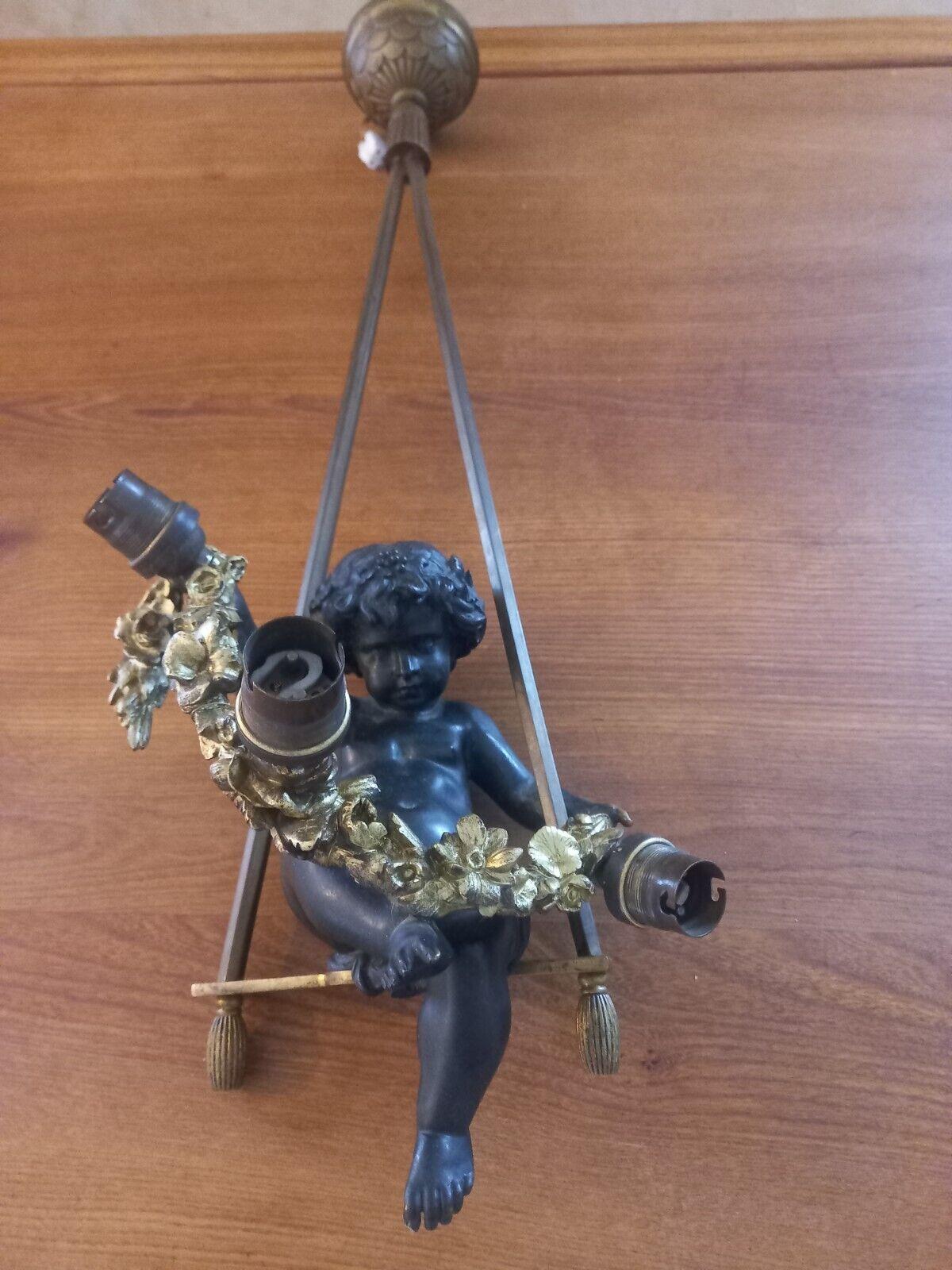 19thc French Napoleon III Gilt&Patinated Bronze Cherub with Garland on His Swing For Sale 1