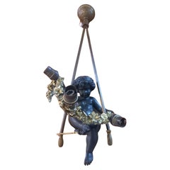 19thc French Napoleon III Gilt&Patinated Bronze Cherub with Garland on His Swing