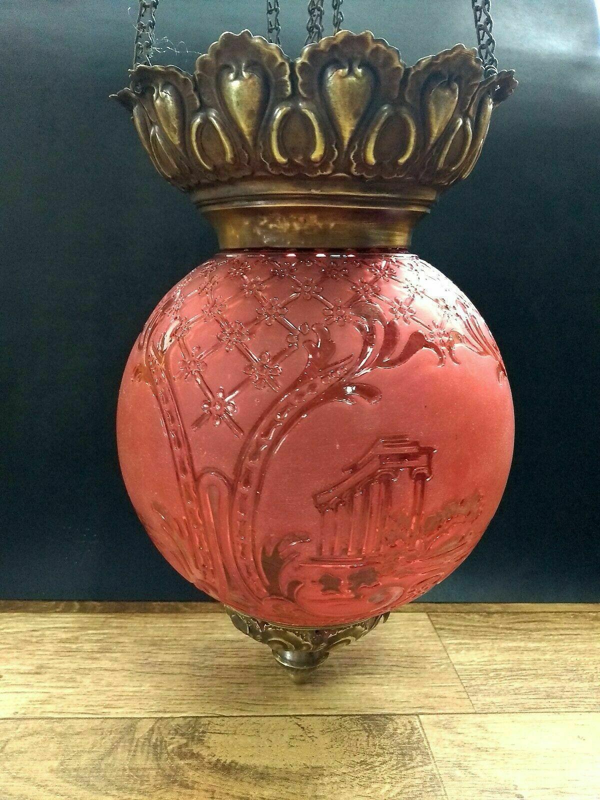 c1890 French Antique Napoleon III Red Crystal Hanging Lantern/ Pendant Fixture Documented by Baccarat. Scene panels of Countryside. Brass mount and ready to hang.