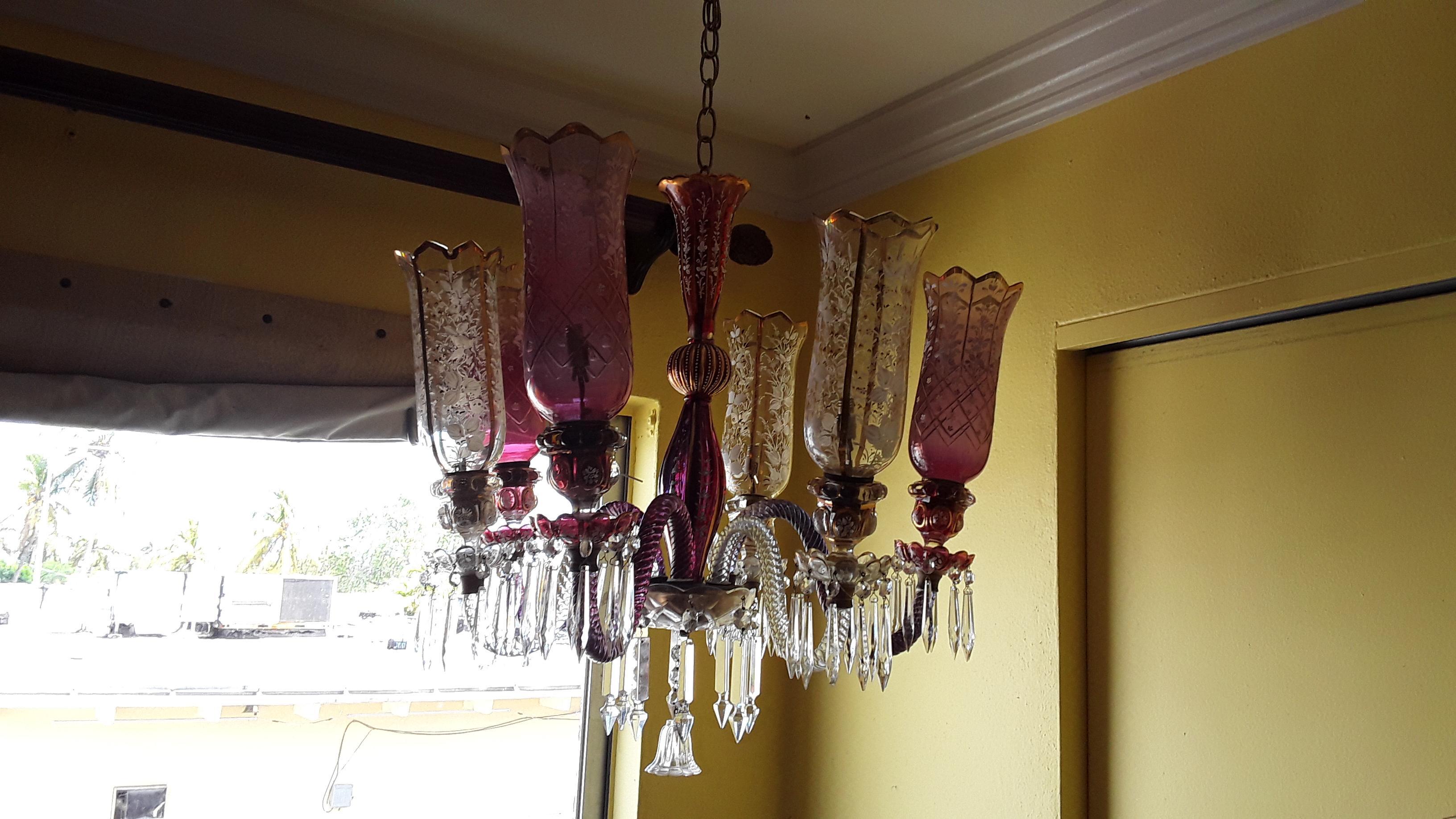 c1850's French Antique Napoleon III Purple and Clear Rop Twist / Floral Decor Chandelier. This piece has been restored and the enamel flower work is hand painted. There are 3 purple arms and 3 clear arms. Hurricane Shades 3 Purple and 3 clear