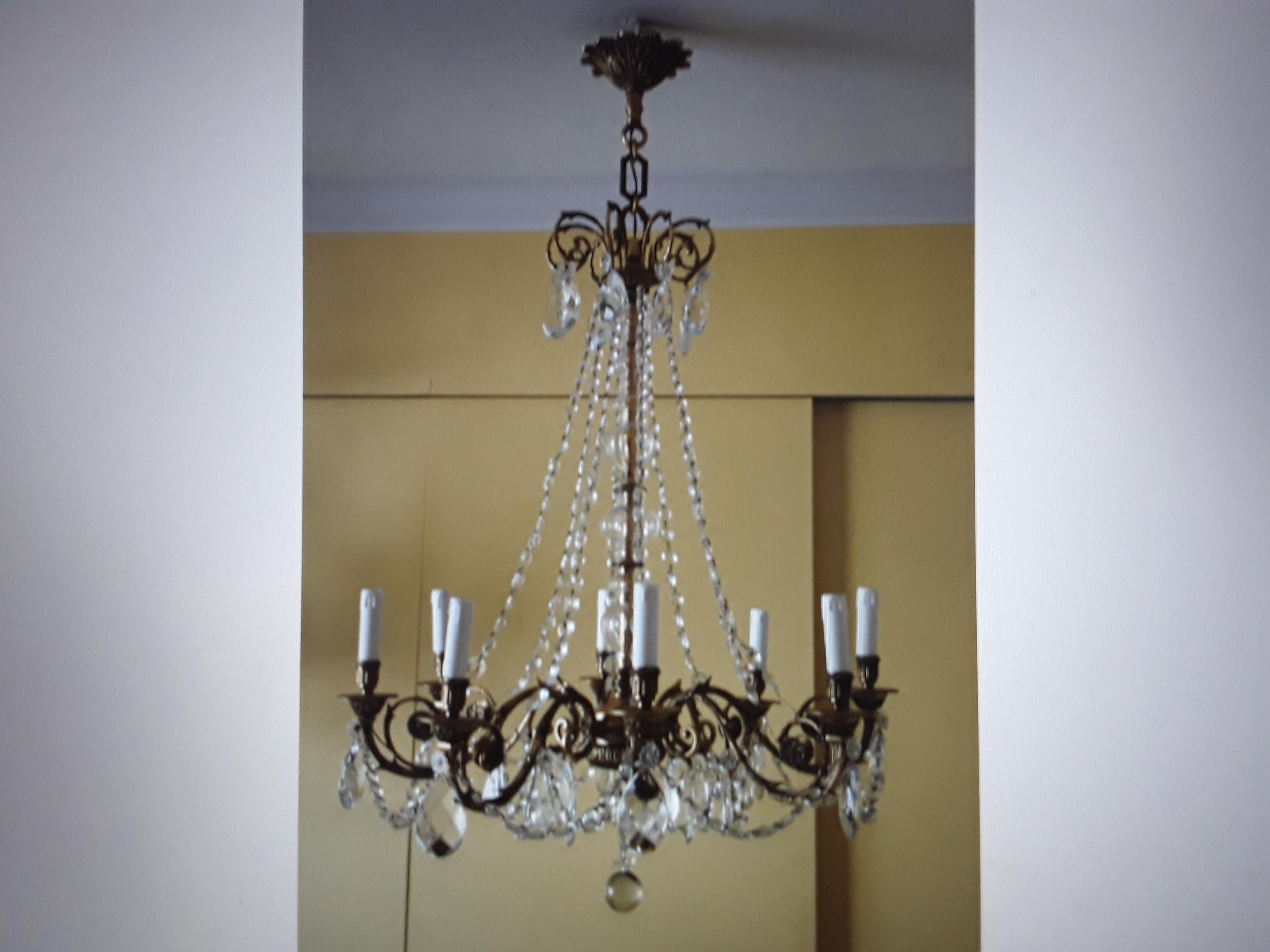 19thc French Antique Neoclassical style Gilt Bronze Chandelier by Maison Bagues. Superior quality with Bronze Palmette detail. Neoclassical elements adorn this rare chandelier. French estate.