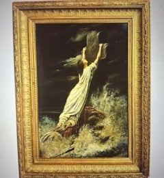 19thc French Oil on Board "Woman Imploring The Cross in Ocean" Signed & Framed