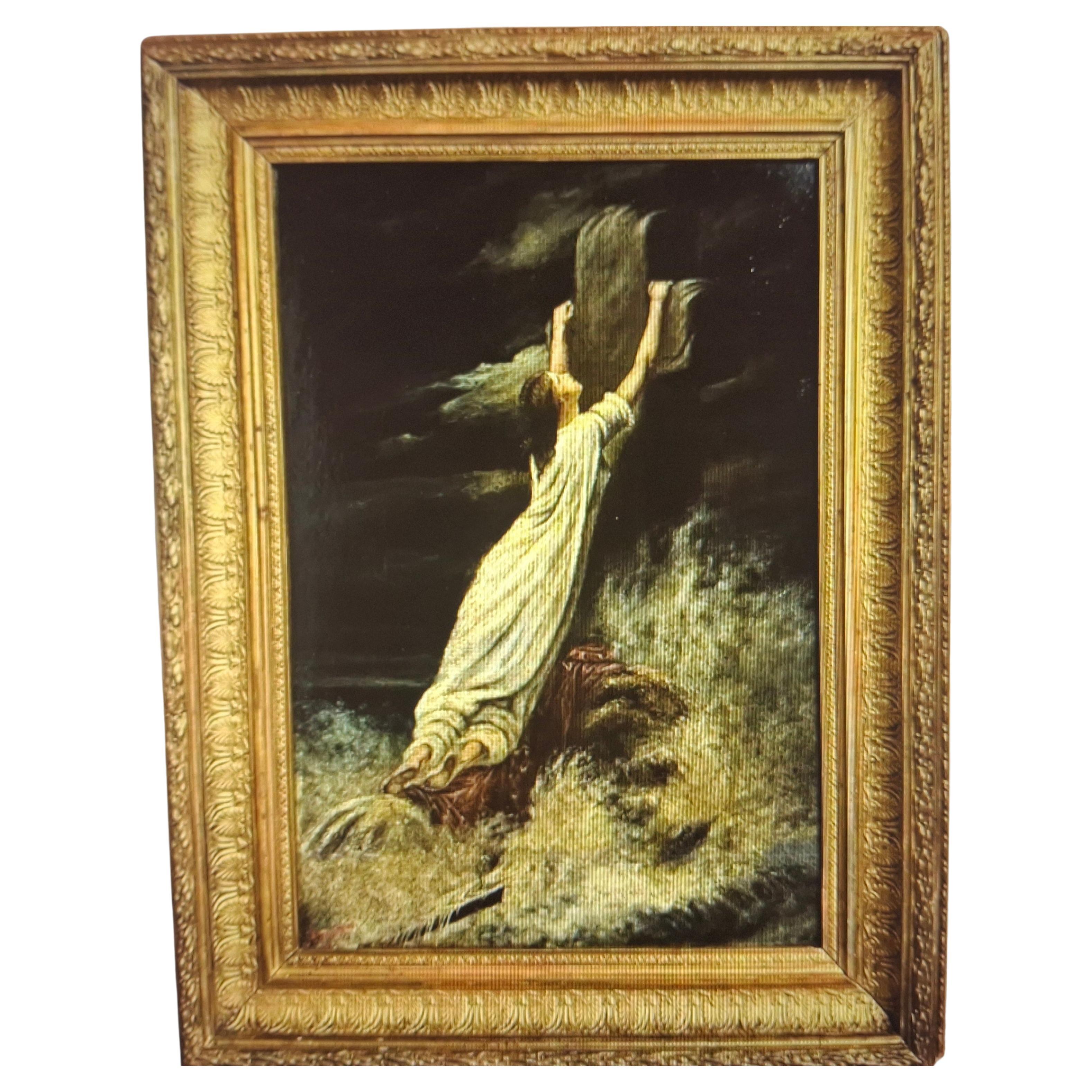 Olio su tavola francese del XIX secolo "Donna che implora la croce nell'oceano" Firmato e incorniciato