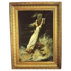 19thc French Oil on Board "Woman Imploring The Cross in Ocean" Signed & Framed