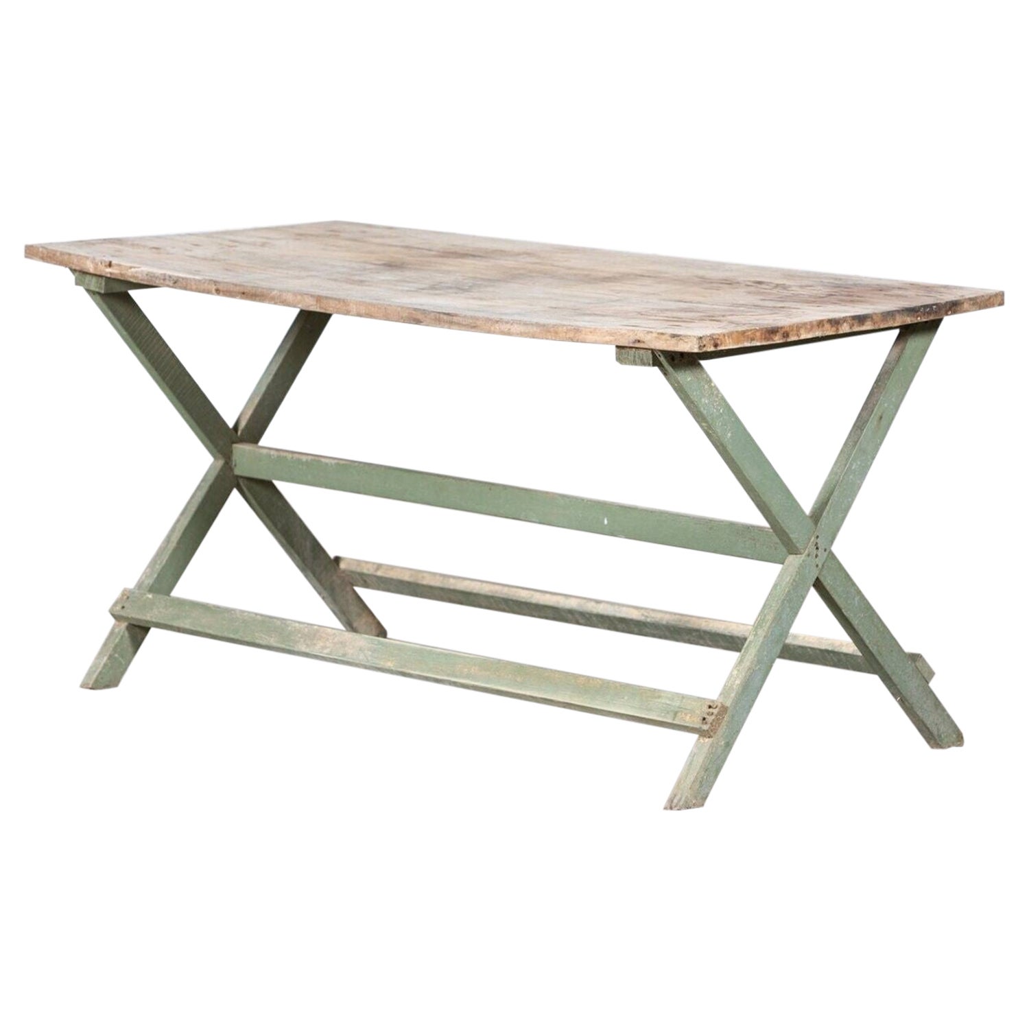 19thC French Painted Green Fruitwood Tavern Table