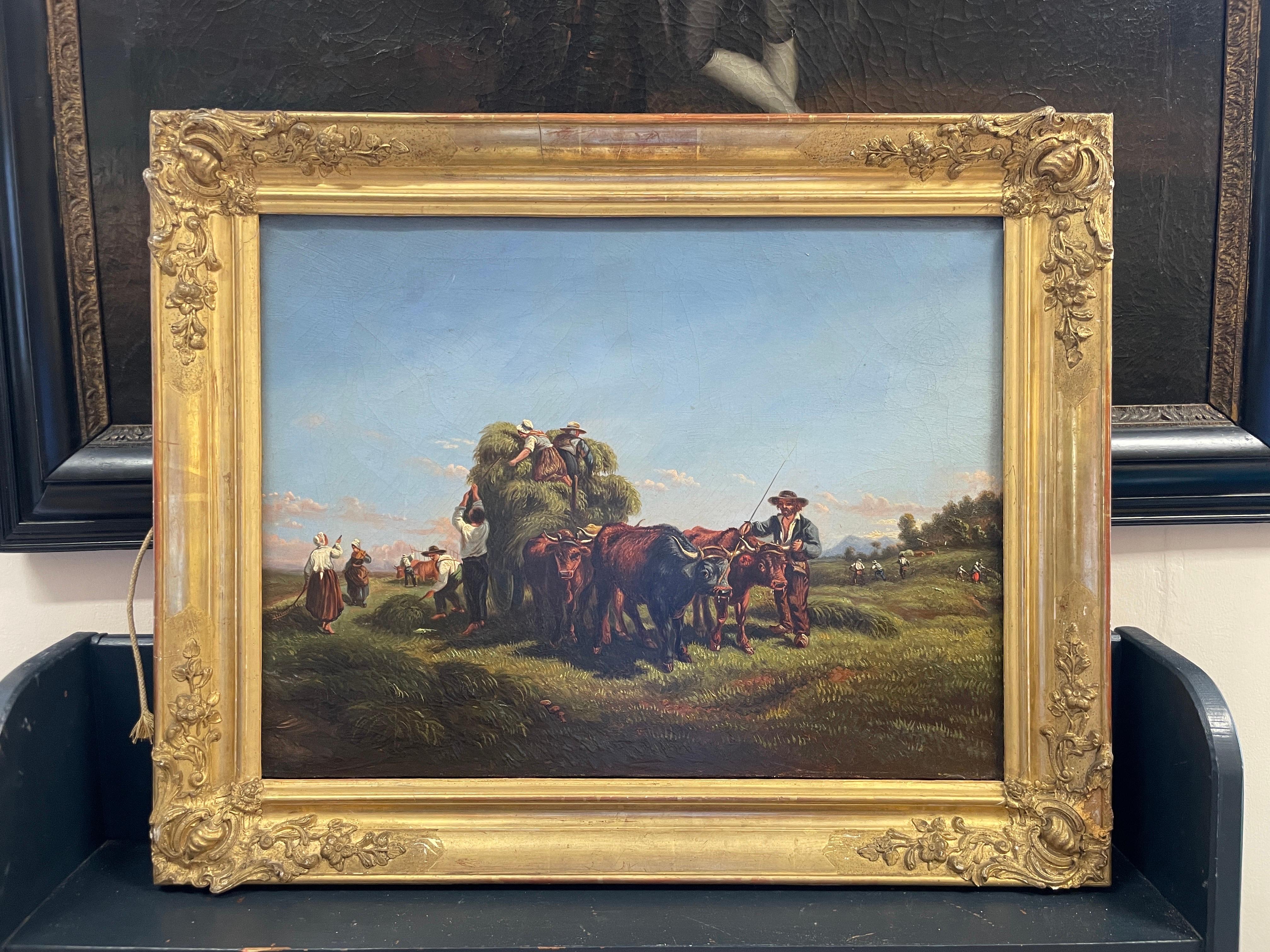 Harvest Workers Loading Hay Cart in Summer Fields, 19th Century French Oil  - Painting by 19thC French