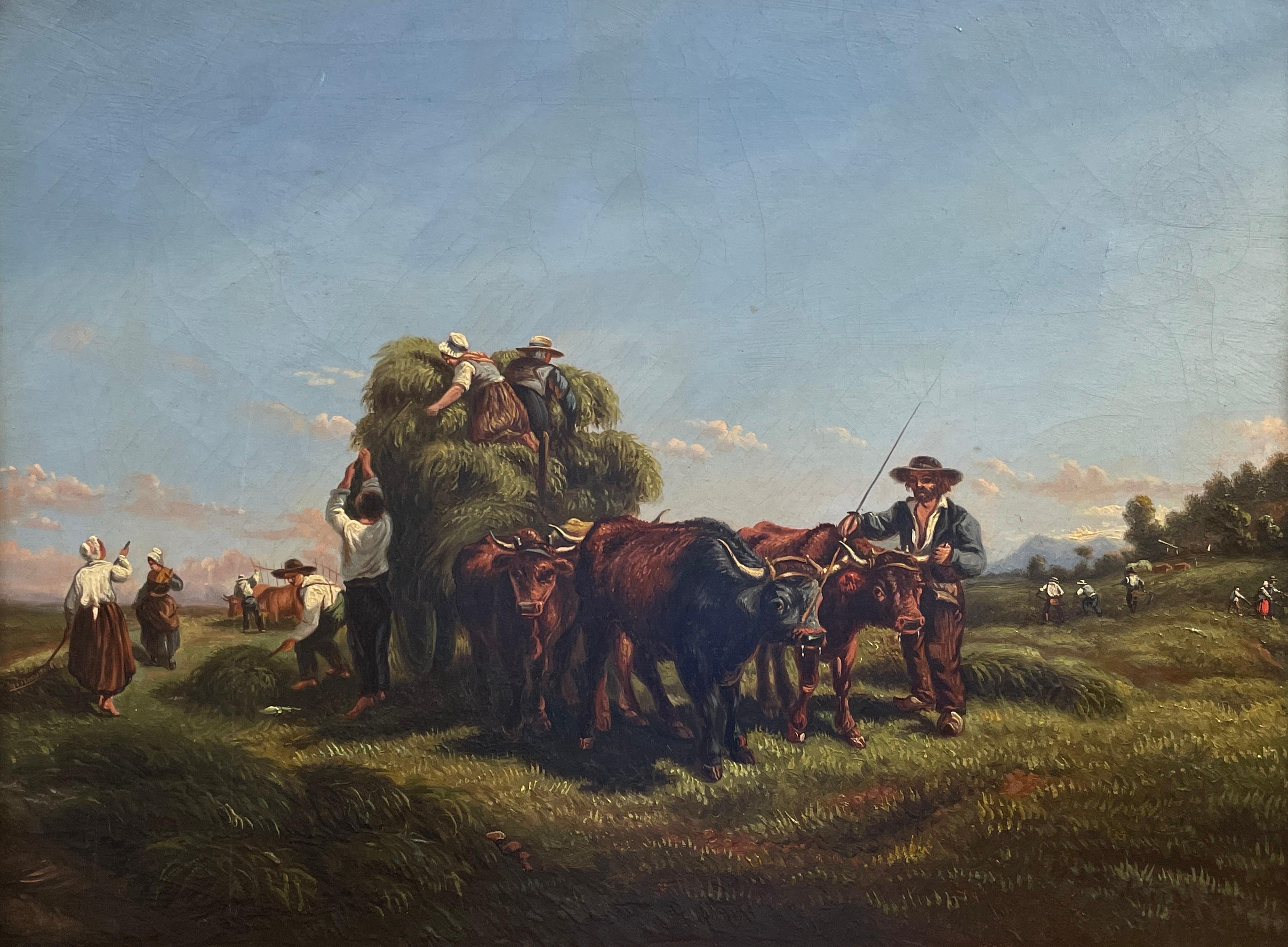 19thC French Landscape Painting - Harvest Workers Loading Hay Cart in Summer Fields, 19th Century French Oil 