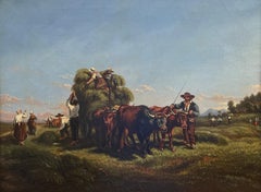 Antique Harvest Workers Loading Hay Cart in Summer Fields, 19th Century French Oil 