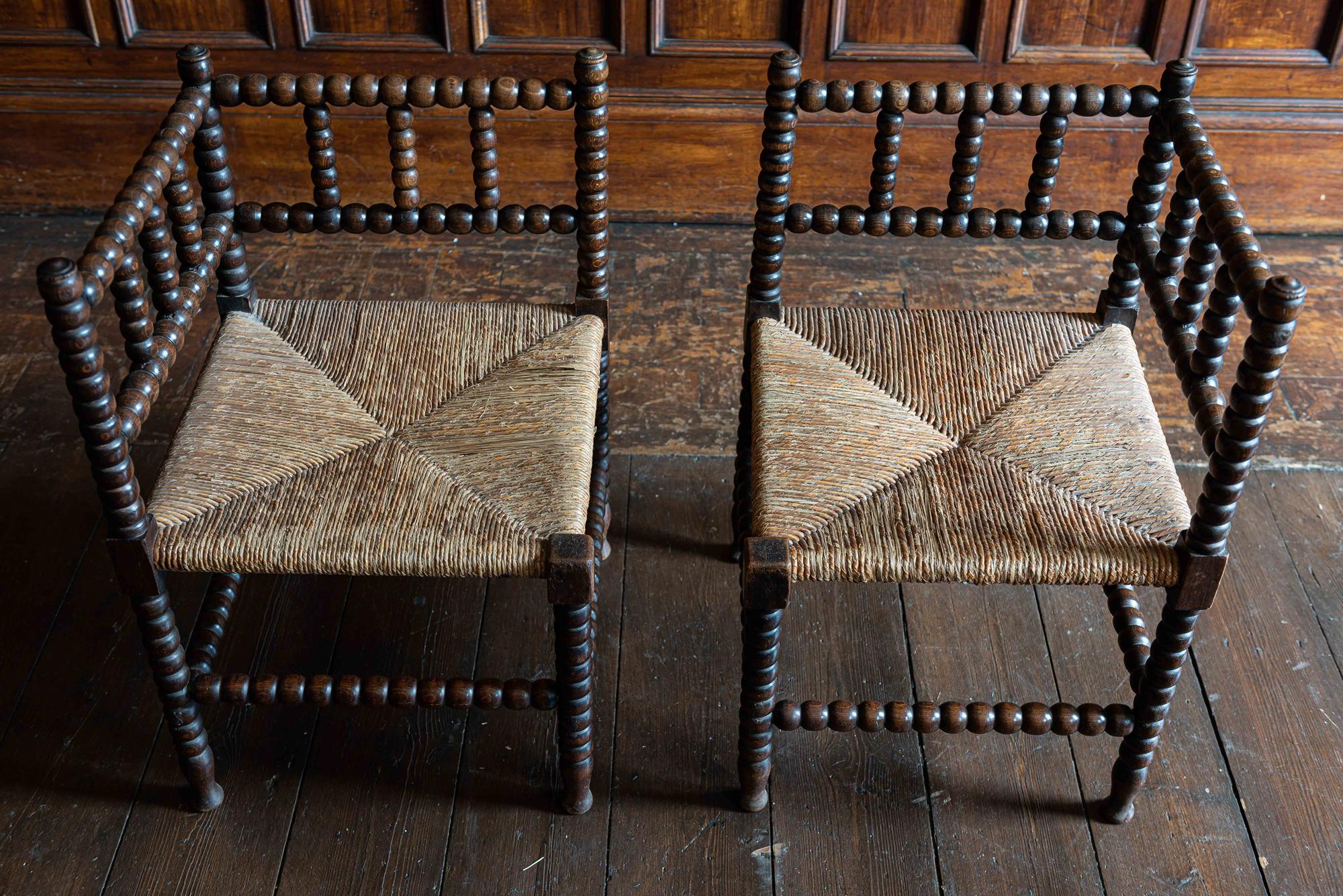 Wood 19th Century French Pair of Bobbin Corner Chairs