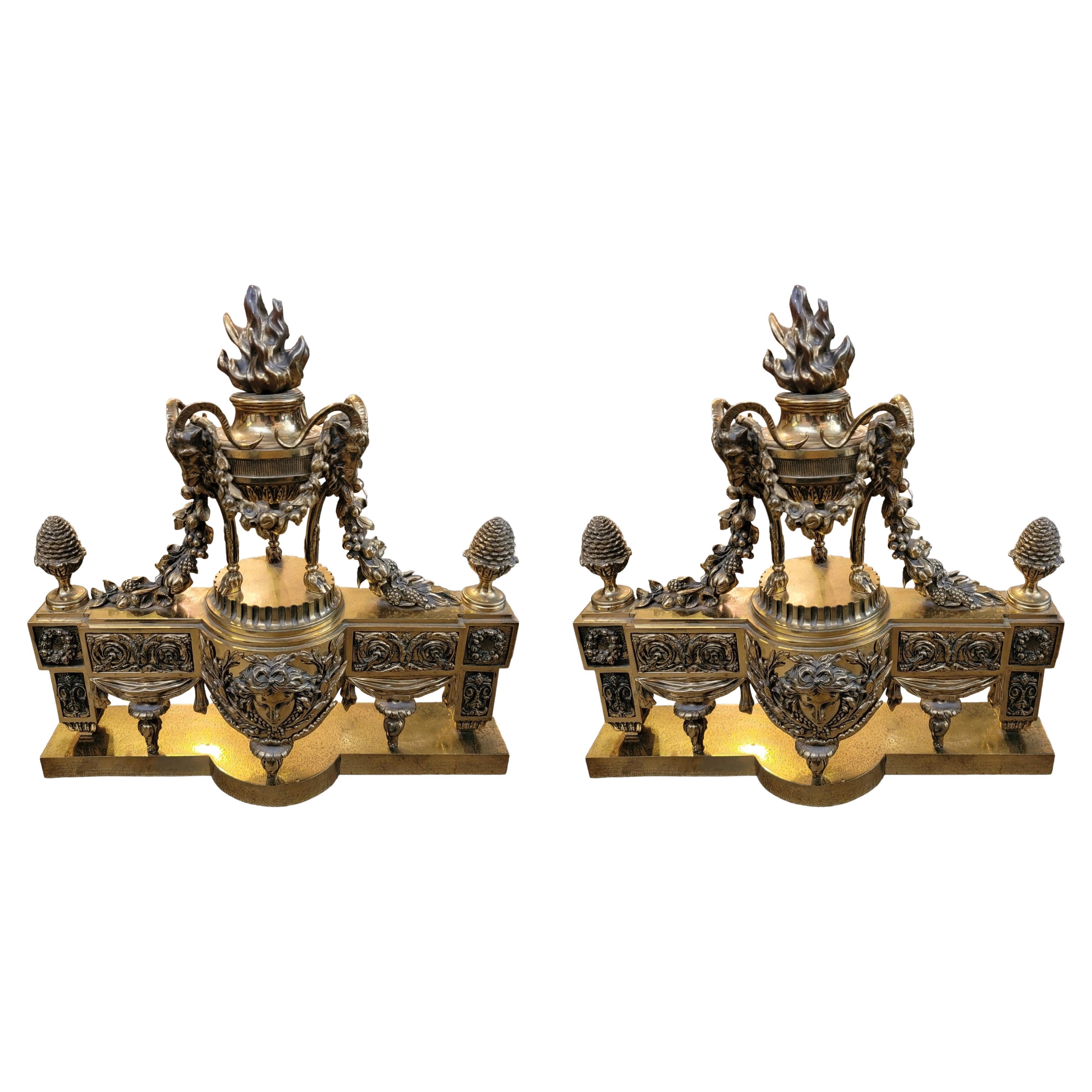 19thc French Pair of Over Sized Bronze Louis XVI Chenets For Sale