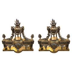 19thc French Pair of Over Sized Bronze Louis XVI Chenets