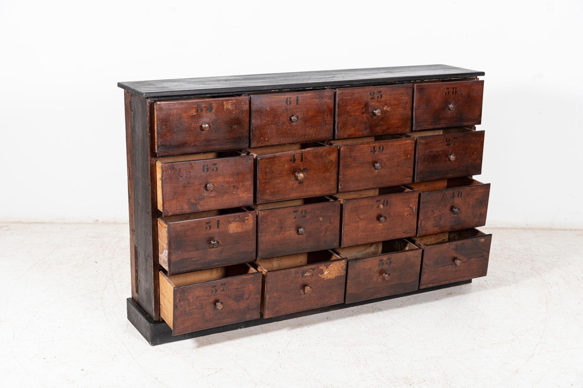 Circa 1880

19th C French printers drawers with original hand painted numbers, pine & fruitwood.

Sourced from the South of France

Measures: W 166 x D 34 x H 105 cm.

 