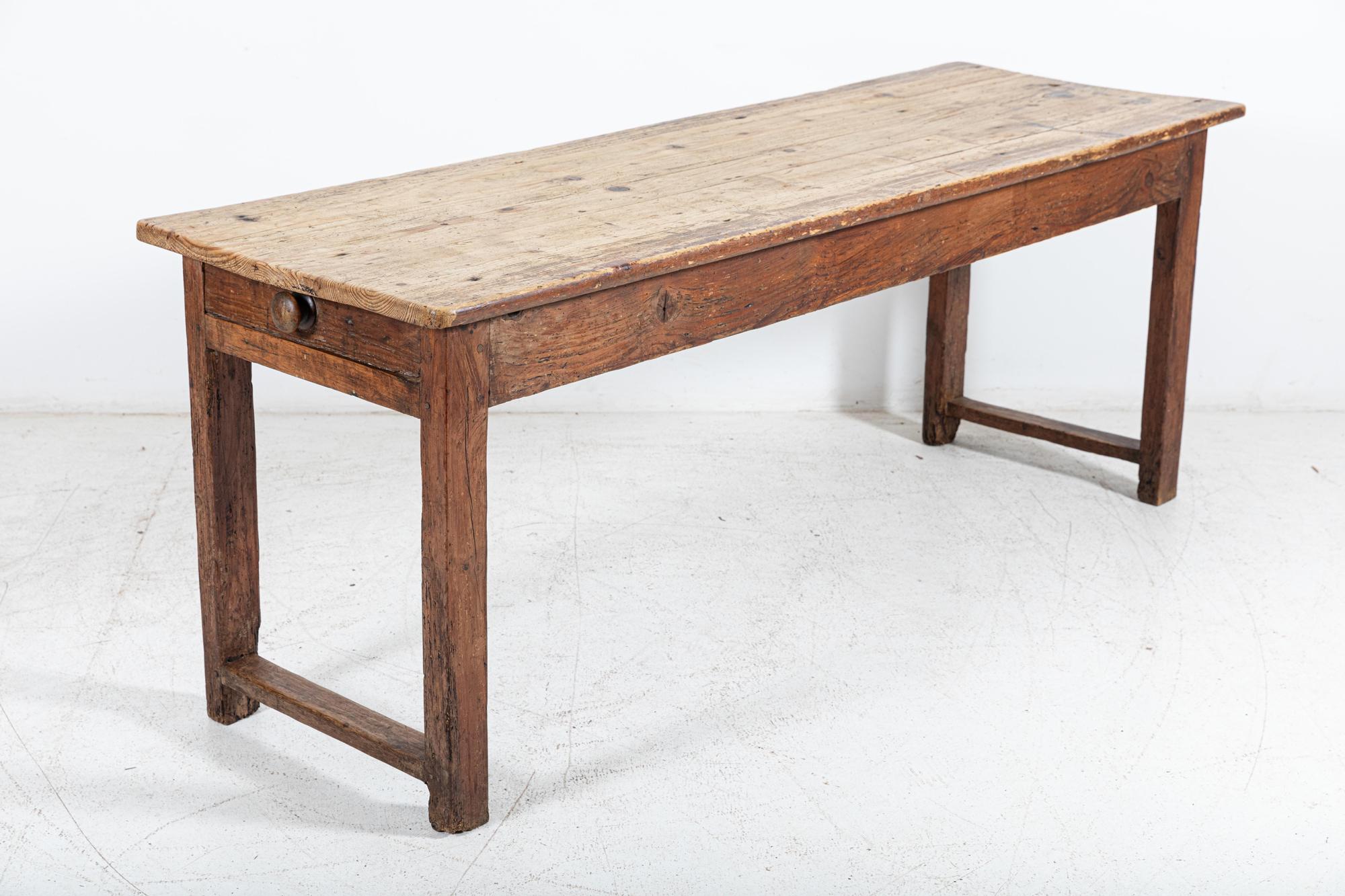 Circa 1870

19thC French Refectory table with a pine top and fruitwood carcass. With a single cutlery drawer to to one end raised on upright square supports united by a single stretcher.

An excellent rustic example

Measures: W 200 x D 64 x H