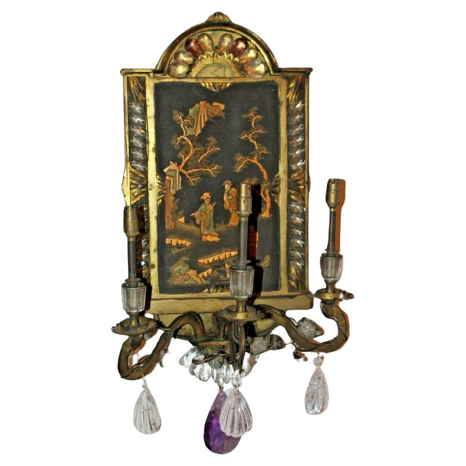 19thc French Regency Gilt Bronze/ Rock Crystal Chinoiserie Wall Lamp/ Sconce For Sale