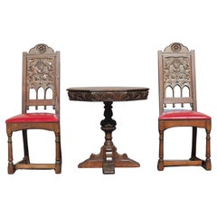19thc French Rennaisance Revival Carved Center Table + Pair Chairs  Set of 3 pcs