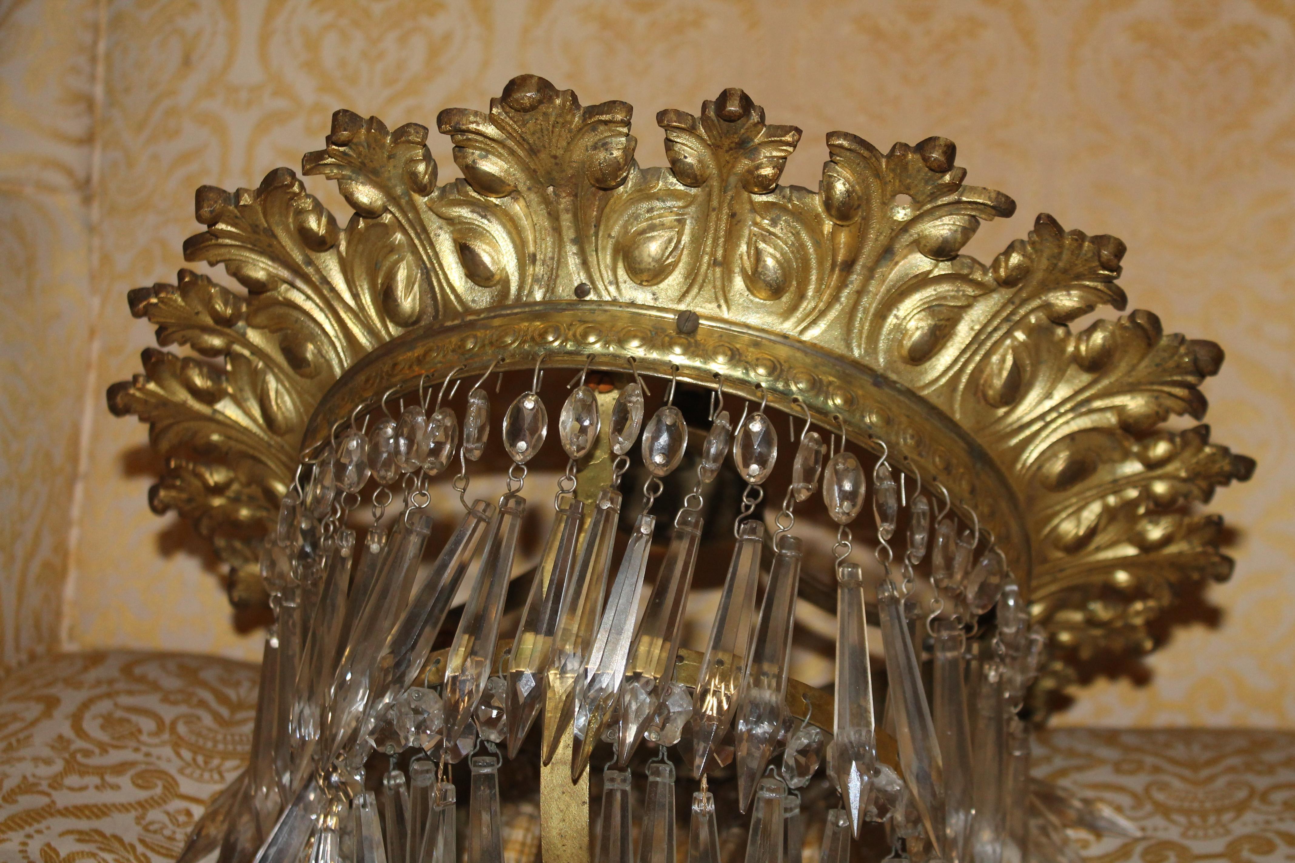 19thc French Rococo Gilt Bronze Royal Crown style Crystal Flush Mount Plafonnier In Good Condition For Sale In Opa Locka, FL