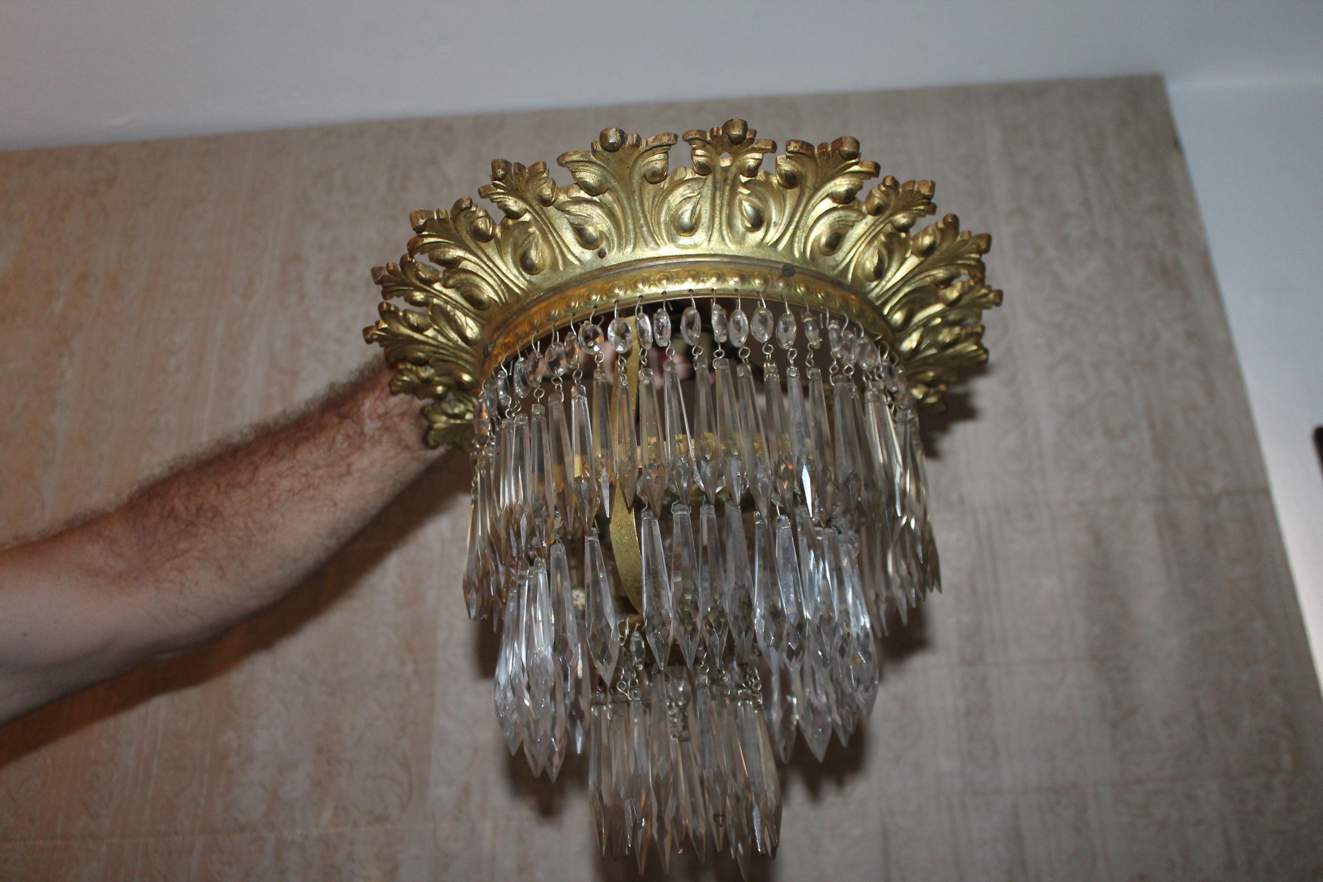 19thc French Rococo Gilt Bronze Royal Crown style Crystal Flush Mount Plafonnier For Sale 2