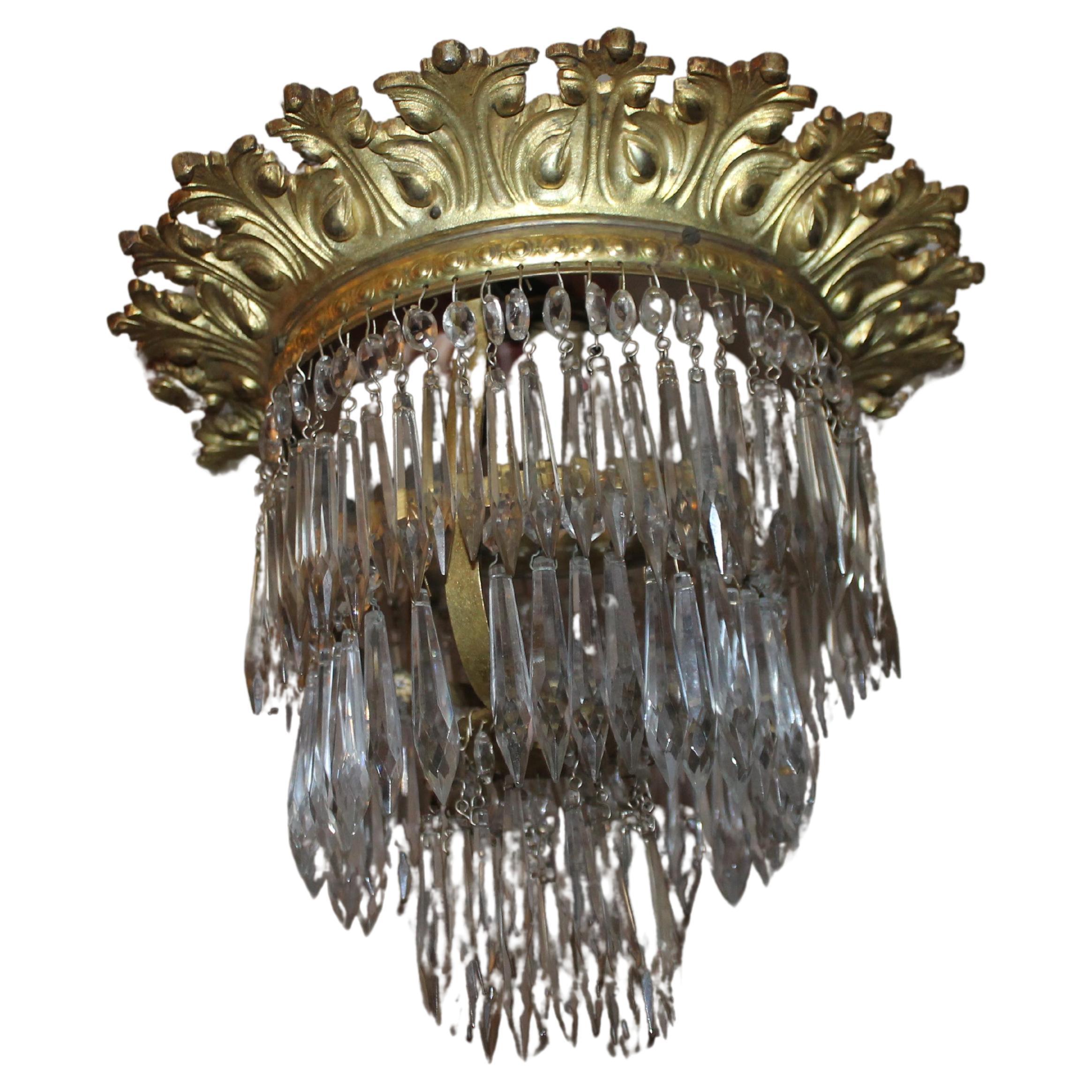 19thc French Rococo Gilt Bronze Royal Crown style Crystal Flush Mount Plafonnier For Sale