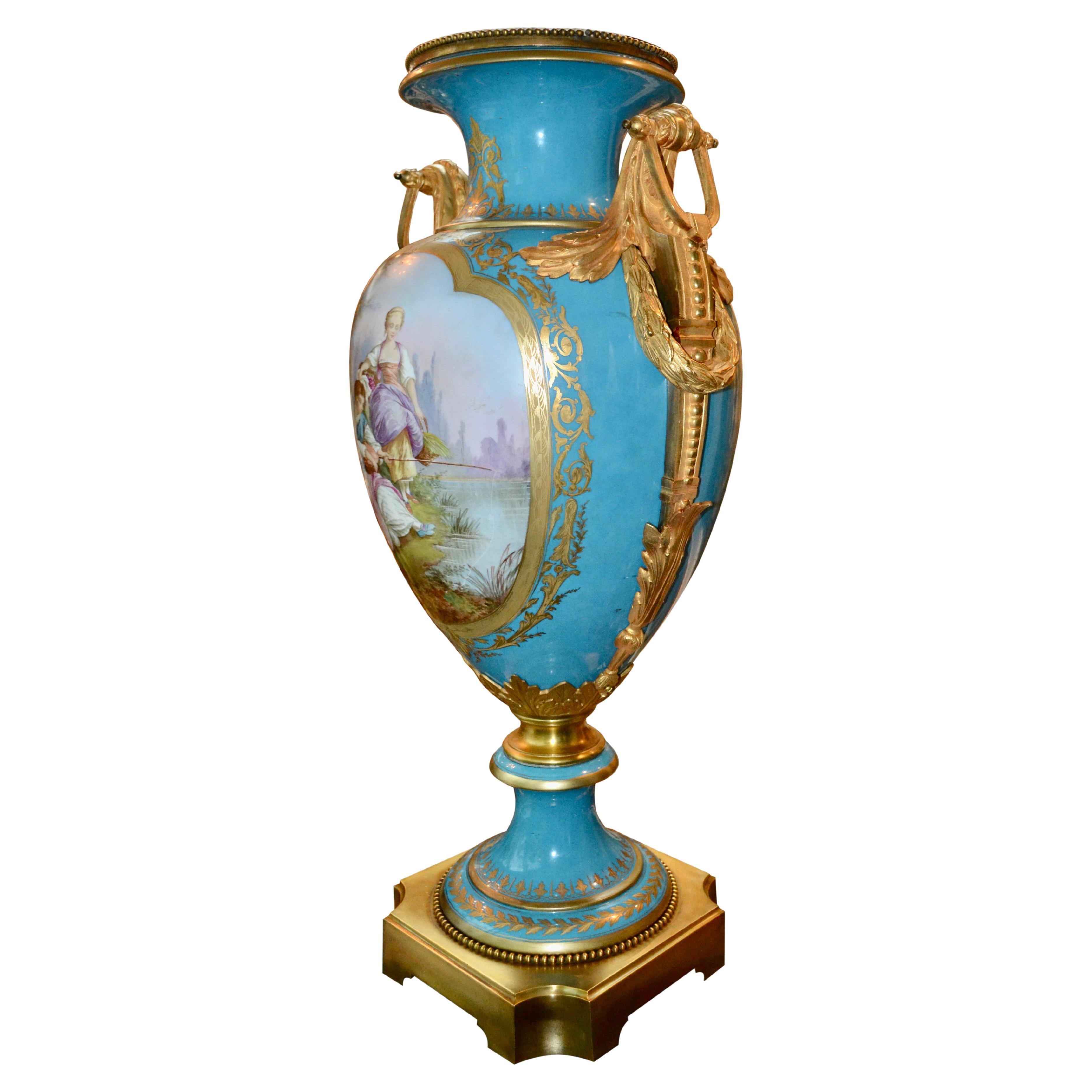  19thC French Signed "Bleu Celeste" and Gold Sevres Vase with gilt bronze mounts For Sale